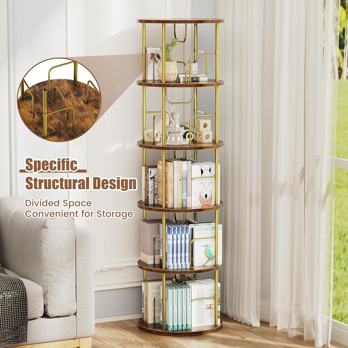 5 Tier Rotating Bookshelf, 360 ° Display Stackable Spinning Bookshelf Tower, Narrow Space Saving Tall Floor Standing Swivel Bookcase Corner Storage Organizer for Bedroom, Living Room, Gold