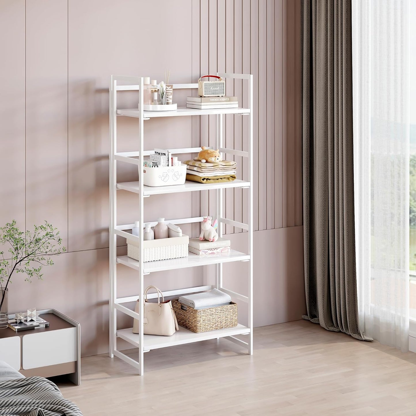 BHG Vintage Multifunctional Folding Bookshelf, No-Assembly Plant Stand Storage Rack Shelves for Home Office (All White, 4-Tier)