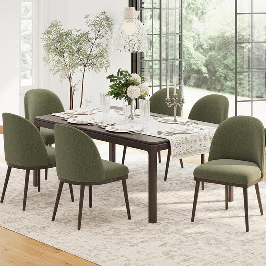 COLAMY Upholstered Dining Chairs Set of 6, Large Dining Room Kitchen Chairs with High Back and Deep Seat, Modern Fabric Dinner Chairs with Wood Legs, Green