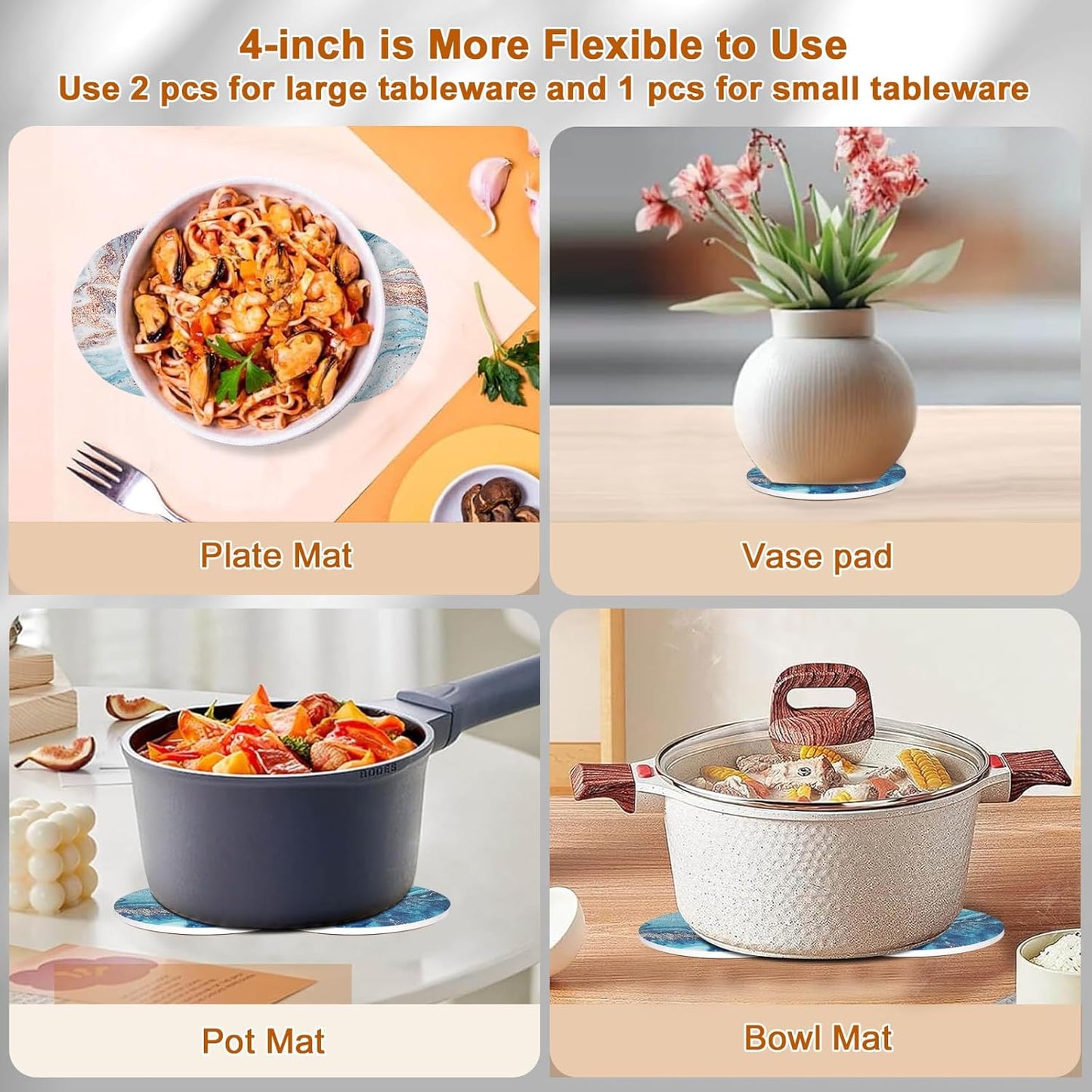 6-Pcs 4'' Ceramic Marble Style Trivet with Holder, Absorbent Trivets for Hot Dishes, Cork Bottom Anti-Slip Trivet Mats for Hot Pots and Pans