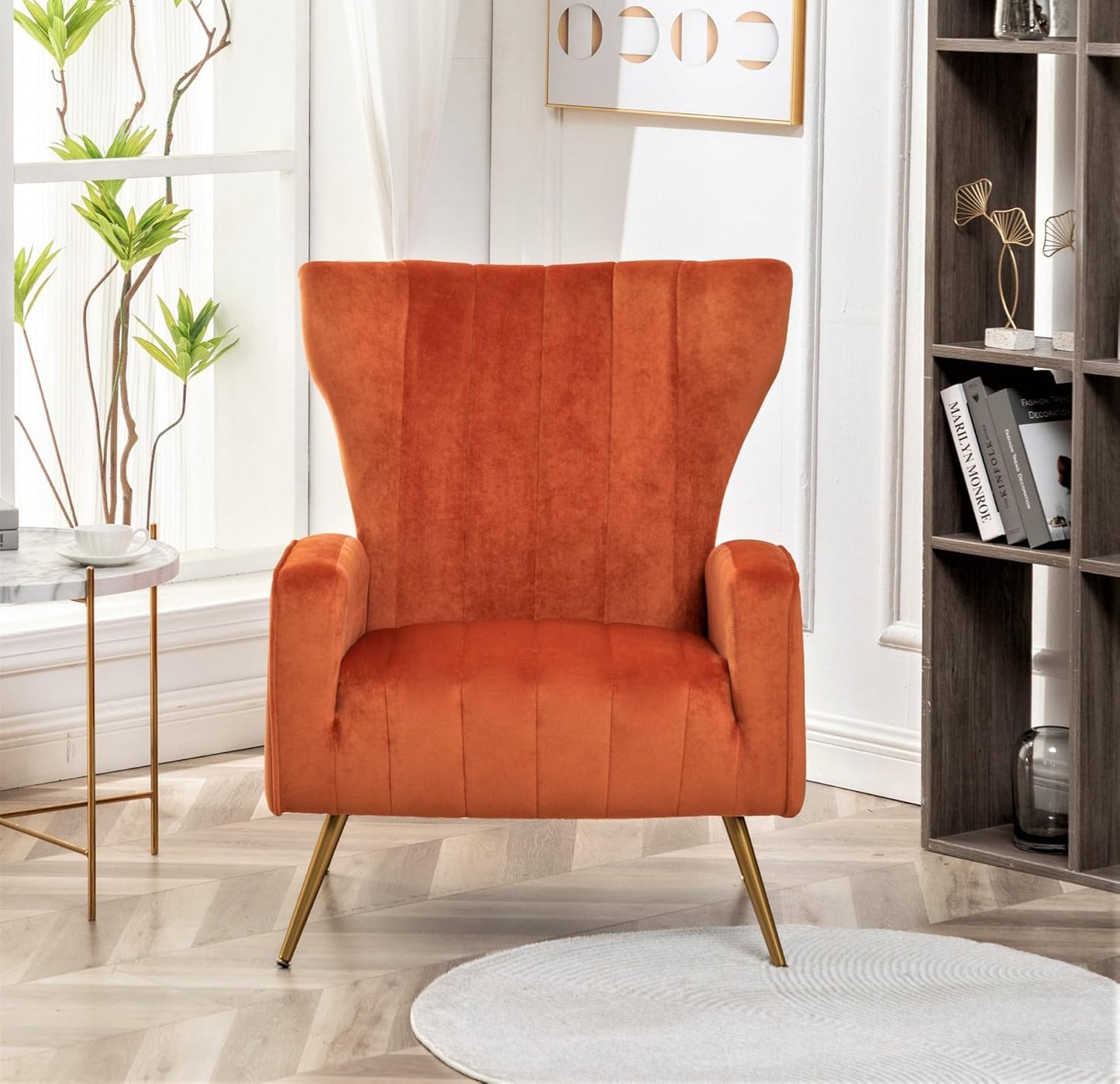 Container Furniture Direct Modern Velvet Accent Chair, Channel Tufted Bedroom, Office or Living Room Furniture with Elegant Metal Legs, 26" Wide Armchair, Orange Red