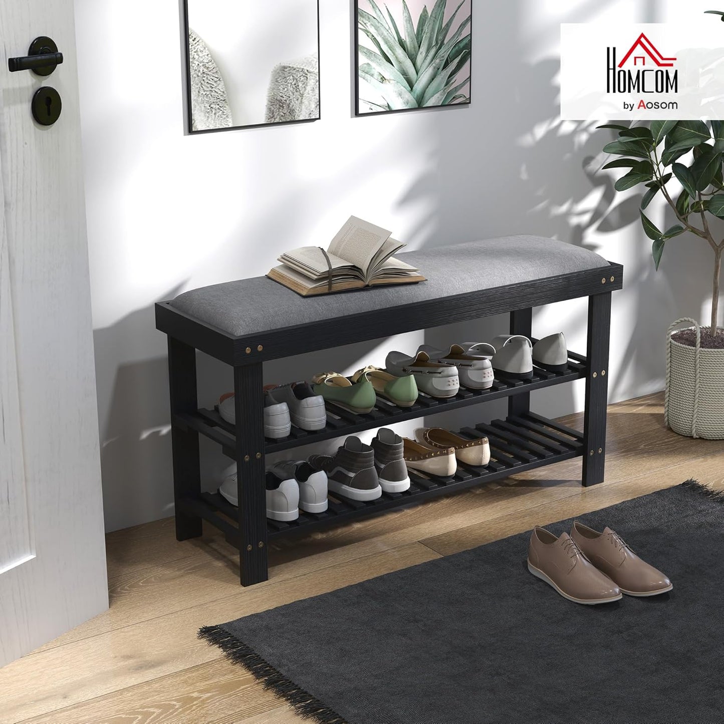 HOMCOM Bamboo Shoe Bench, 3-Tier Entryway Bench with Storage and Cushion, Shoe Organizer for Entryway, Hallway, Holds Up to 331 lbs, 35.4 x 11.4 x 19.3 Inches, Black