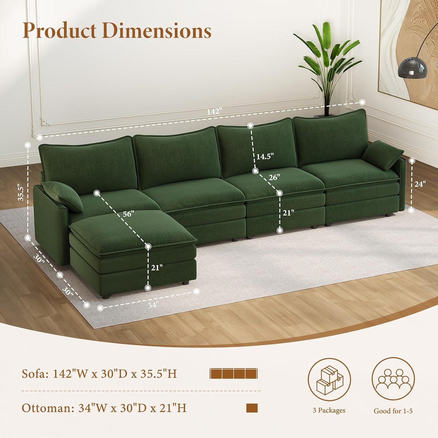 Vesgantti 142" Cloud Couch Sectional Modular Sofa, Comfy Sectional Couch with Ottoman Deep Seat Chenille L Shaped Sofa, Modular Couches for Living Room, Bedroom and Apartment, Green