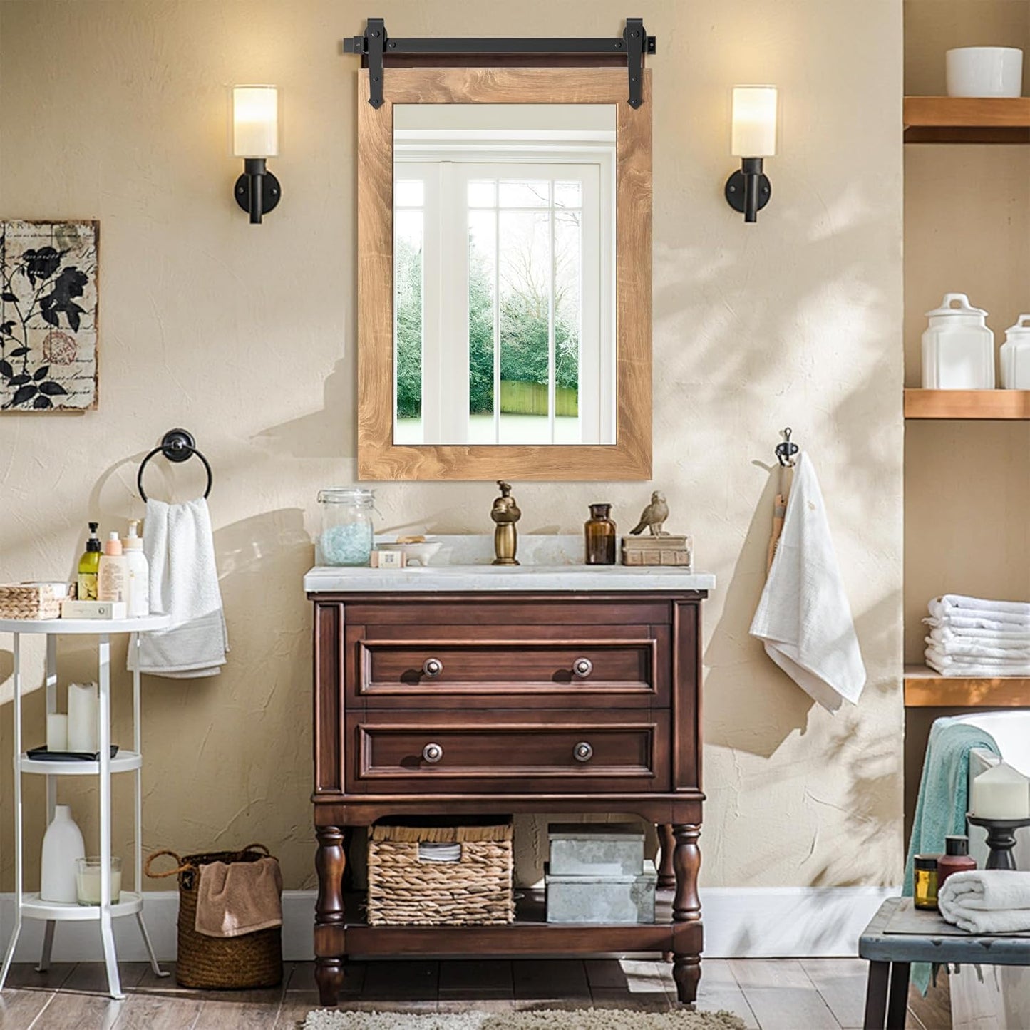 Farmhouse Barn Door Mirror 22”x32” Rustic Decorative Vanity Mirrors Wall Decor Mirror for Bathroom Living Room Entryway