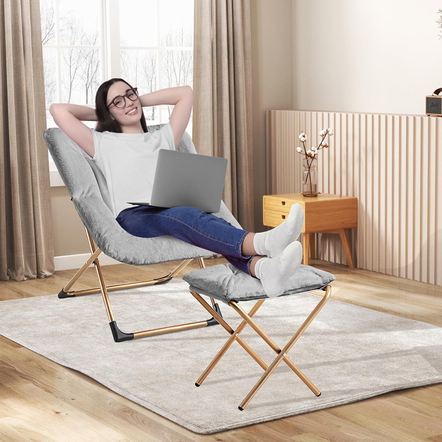 Comfy Oversized Saucer Chair with Ottoman,Soft Faux Fur Reading Lounge Chair for Adults,Stable X-Large Metal Frame and Non-Slip Pad,Cozy Chair for Bedroom, Living Room, Dorm, Light Gray