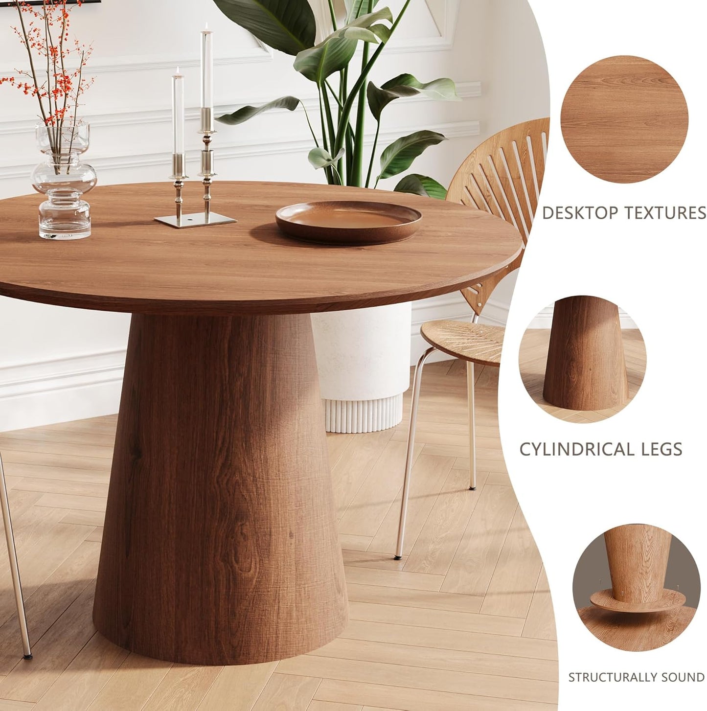 Round Dining Room Table for 4, 43'' Modern Farmhouse Kitchen Table with Round Pedestal, for Kitchen, Living Room, Cafe,Small Spaces, Apartment Walnut