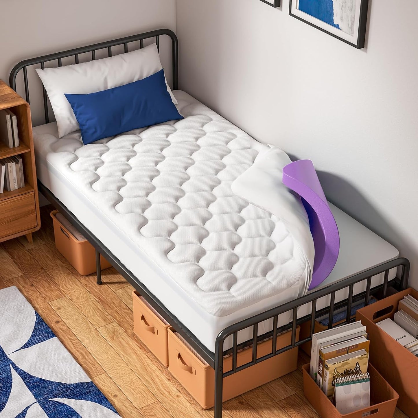 OhGeni Cooling 4 inch Dual Layer Twin XL Mattress Topper, 2 inch Gel Memory Foam, 2 inch Down Alternative Pillow Top Pad, Mattresses Cover for Bed, Medium Support, Fits 6”-19” Deep Pocket,Purple