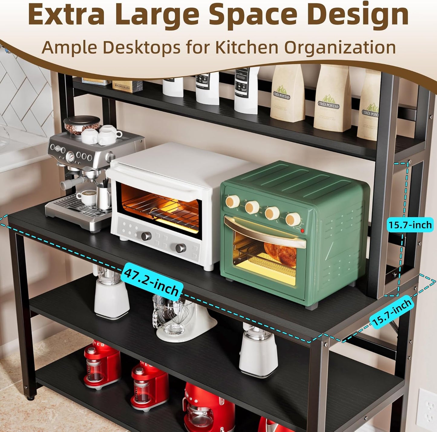 Aquzee Large Bakers Rack for Kitchens, 47in Wide (47.2“W x 15.7”D x 70.8" H) 6 Tiers Kitchen Stand with Hutch & Storage, Black Freestanding Tall Bakers Racks Organizer with Shelves