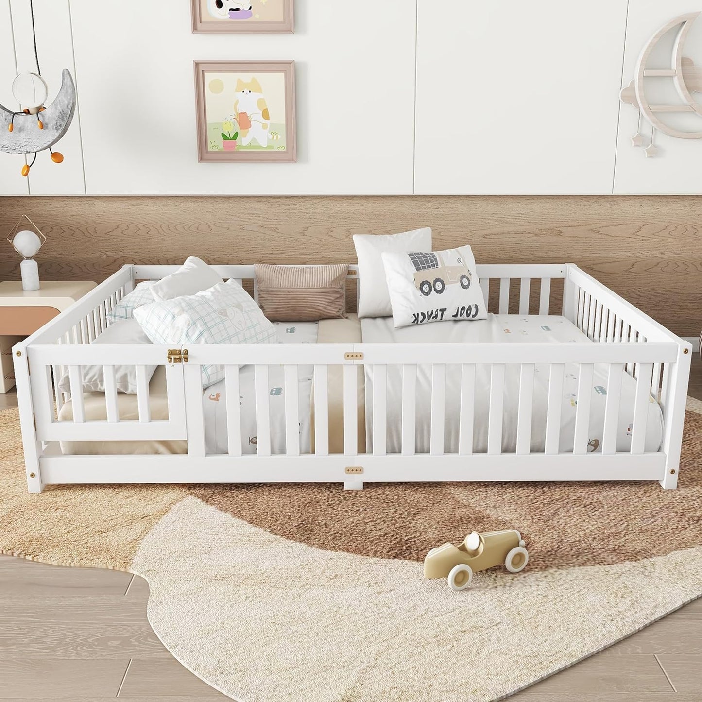 Queen Size Floor Bed Frame with Slats and Safety Guardrail, Wood Queen Size Montessori Floor Bed with Door and Fence, Easy Assemble Montessori Beds for Kids, Girls, Boys, White