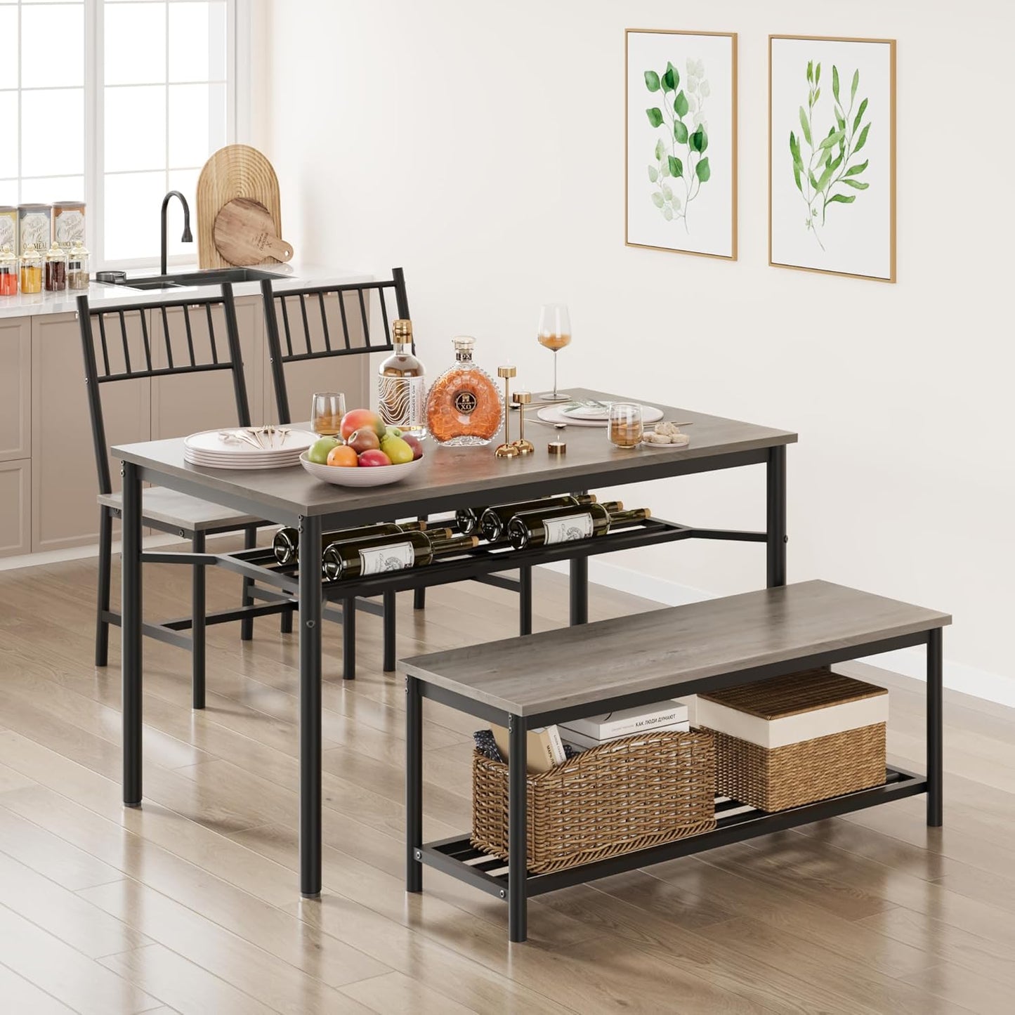Dining Table Set for 4, Kitchen Table for 4 with Bench and 2 Chairs, 4-Piece Dining Table Set for Apartment, Small Space, Gray