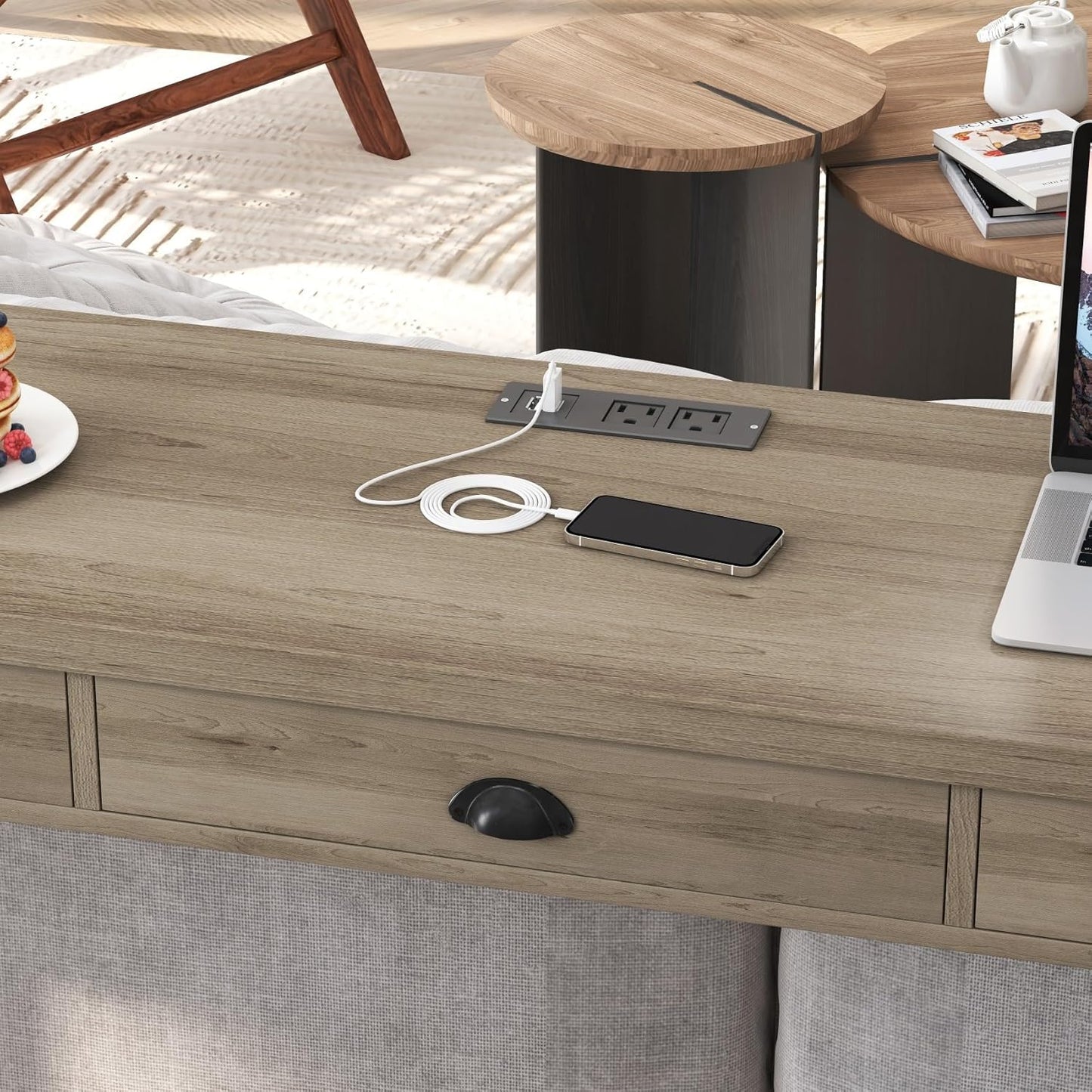 KEIKI 60.24” Long Bar High Top Dining Table and 3 Stools Chairs Set with Drawer & Power Outlet, Wood Behind Couch Sofa Counter Height Pub Furniture for Breakfast, Kitchen Living Party Room, Black