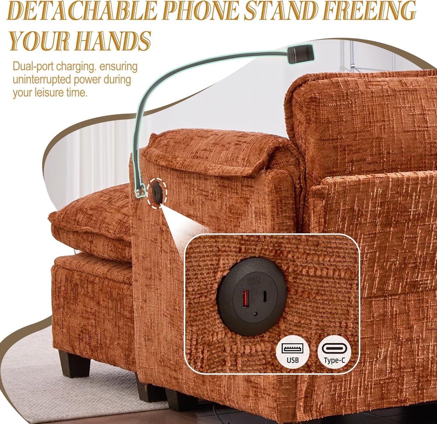 Ball & Cast 109" Oversized Sectional Sofa,Comfy Cloud Couch W/Movable Storage Ottoman,L Shaped Sectional Sofa W/USB Charging Port,Phone Holder&Side Pocke,Chenille Fabric,for Living Room,Orange