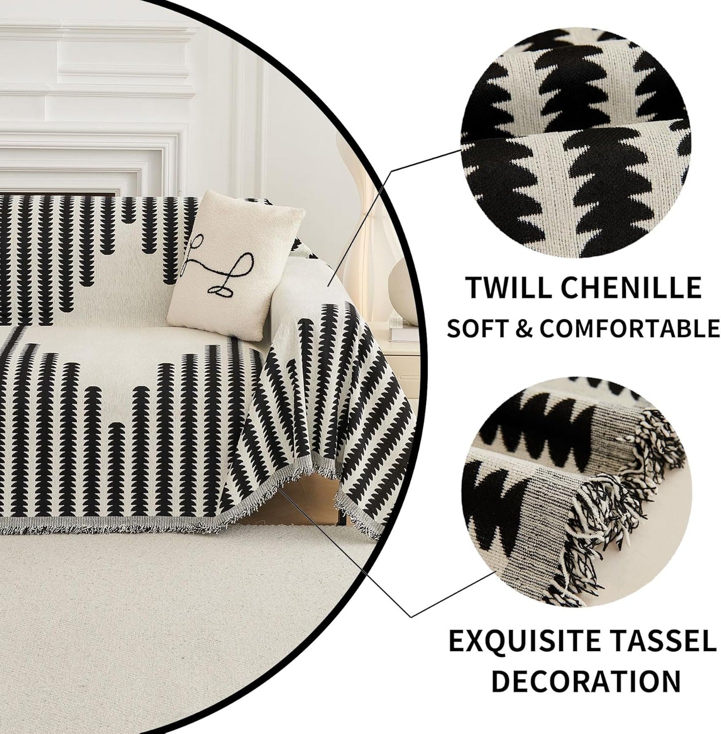 HAOMAIJIA Boho Sofa Covers Couch Covers for 3 Cushion Couch Sofa Pet Friendly Soft Thick Non Slip Couch Cover for Dogs Washable Sectional Couch Covers L Shape Furniture Protector (Black, 91"x134")