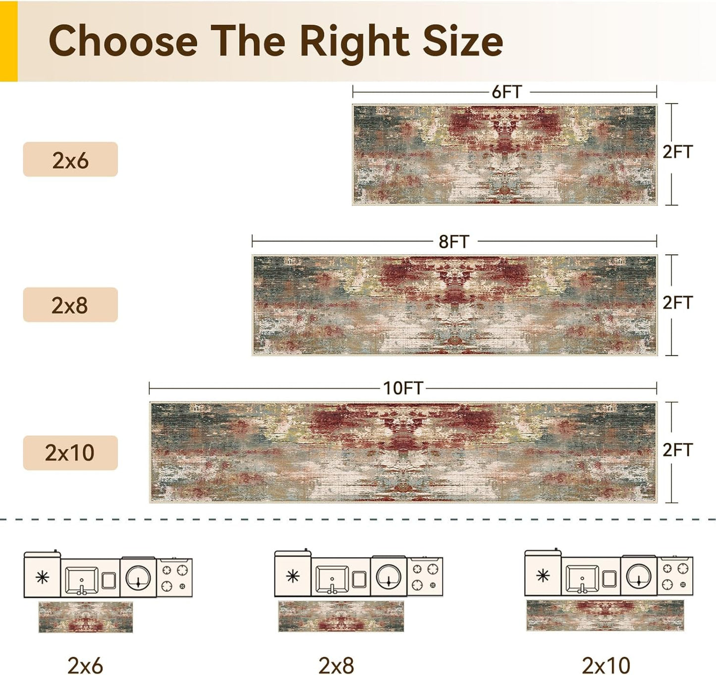 Washable Area Rugs 2'x10' Non-Slip Modern Abstract Soft for Living Room Entryway Bedroom Nursery, Print Pattern, Brown Rust Red Multi