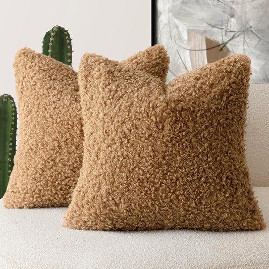 Foindtower 2 Pieces 16x16 Inch Bronze, Faux Fur Throw Pillow Cover Accent Sherpa Pillow Fuzzy Soft Pillowcases Sheepskin Decorative Fleece Cushion Case for Bed Couch Living Room