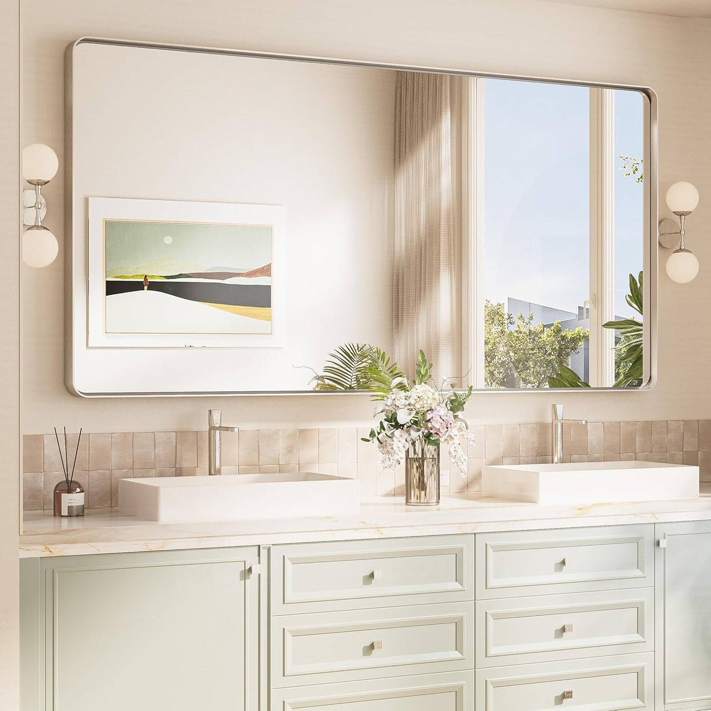 TokeShimi 72x36 Brushed Nickel Bathroom Wall Mirror Vanity Metal Frame Round Corner Rectangular for Home Decor Living Room Entryway