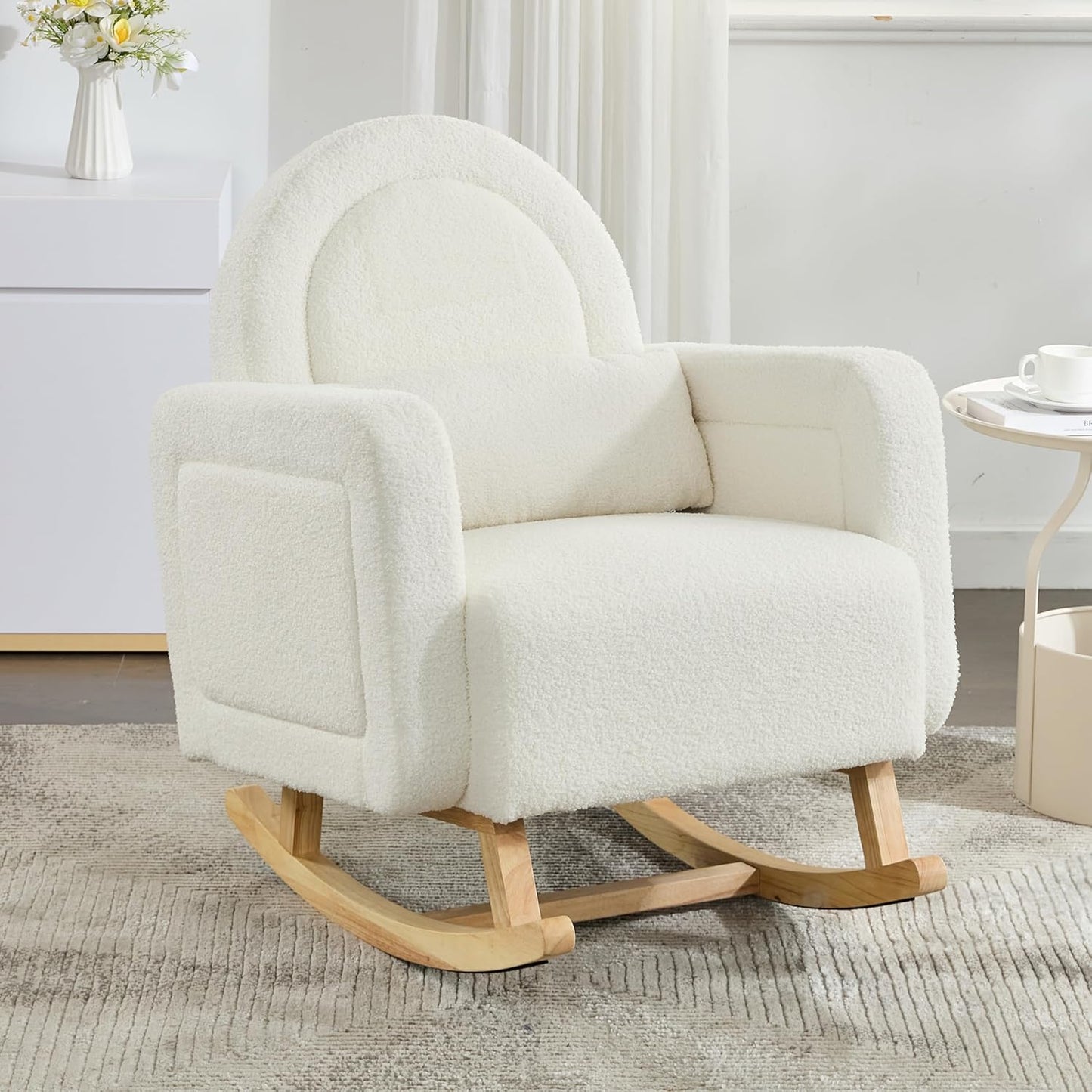 Christopher Knight Home Kiin Wooden Rocking Chair Indoor with Curved Back, Teddy Upholstered Rockers with Pillow, Comfy Accent Chair with Armrest for Bedroom, Living Room, Offices, Cream White