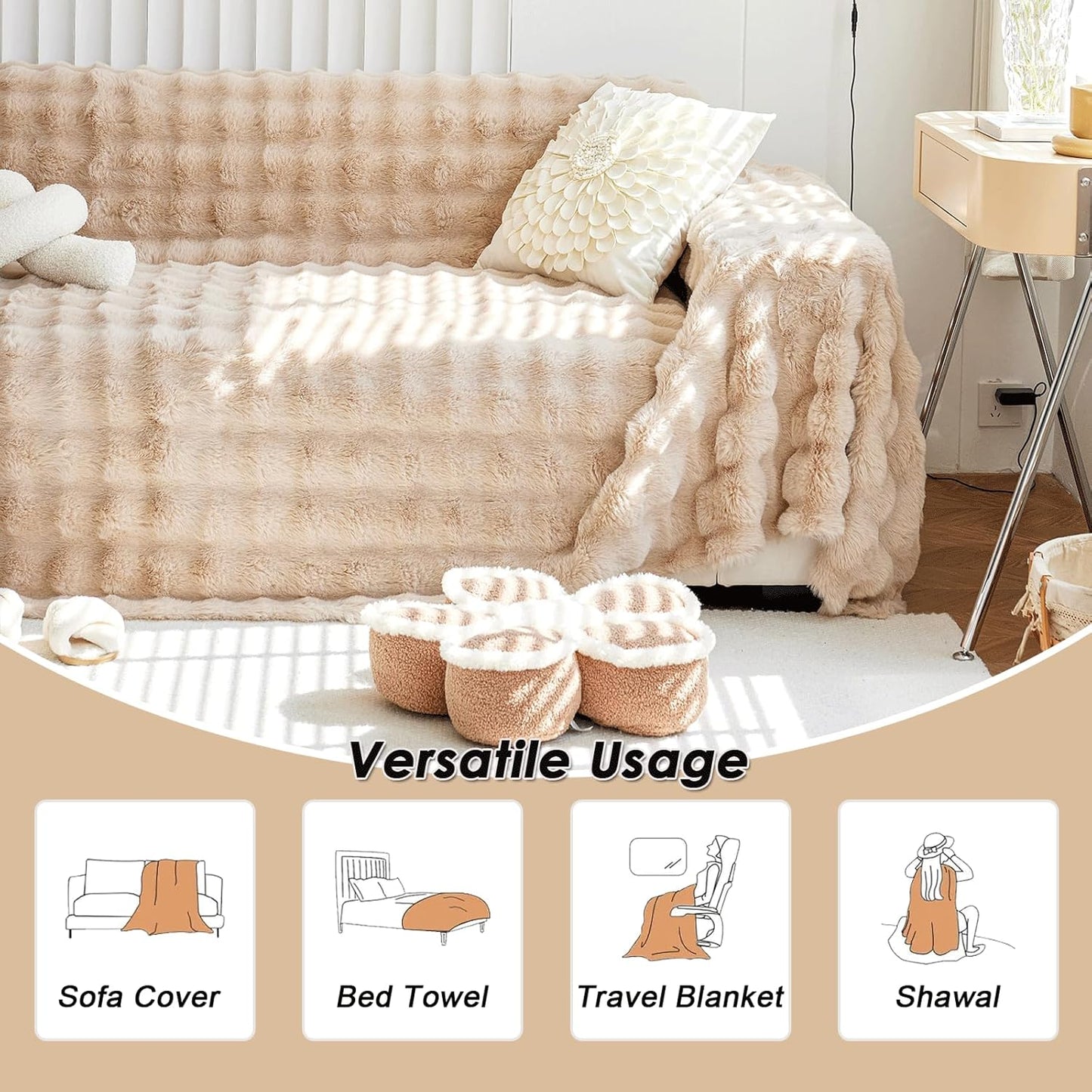 Soft Warm Faux Fur Sofa Cover Thick Shaggy Fuzzy Sectional Couch Cover Plush Furniture Cover Fluffy Furniture Cover for Couch Sofa Bed(Khaki,71" x 134")