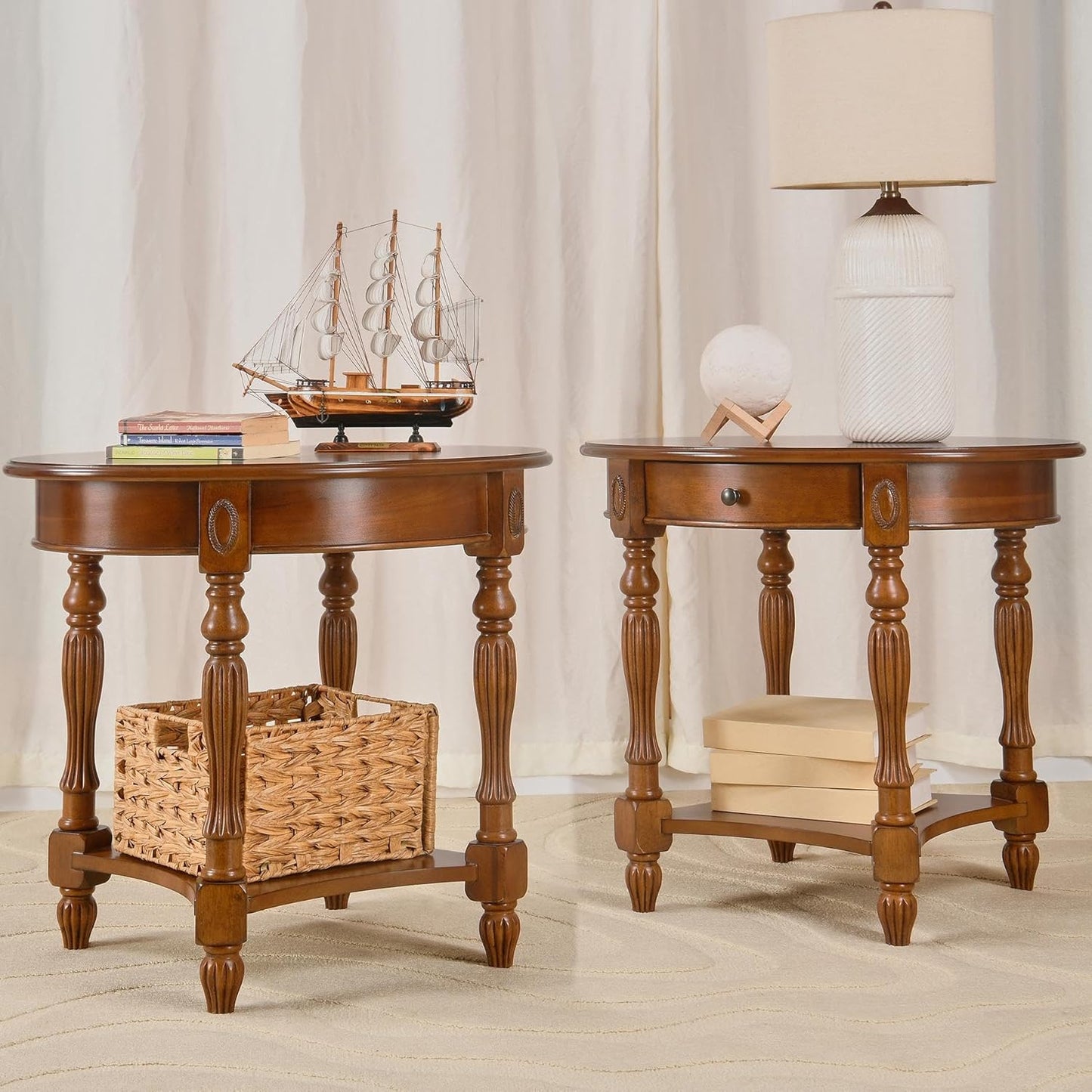 LEEMTORIG Oval Round End Table, 2-Tier Solid Wood End Table Side Table with Drawer, Victorian Vintage Nightstand for Bedroom Living Room Hallway, 28" W x 22" D x 24.2" H, Caramel Brown CJZ-1533-MG