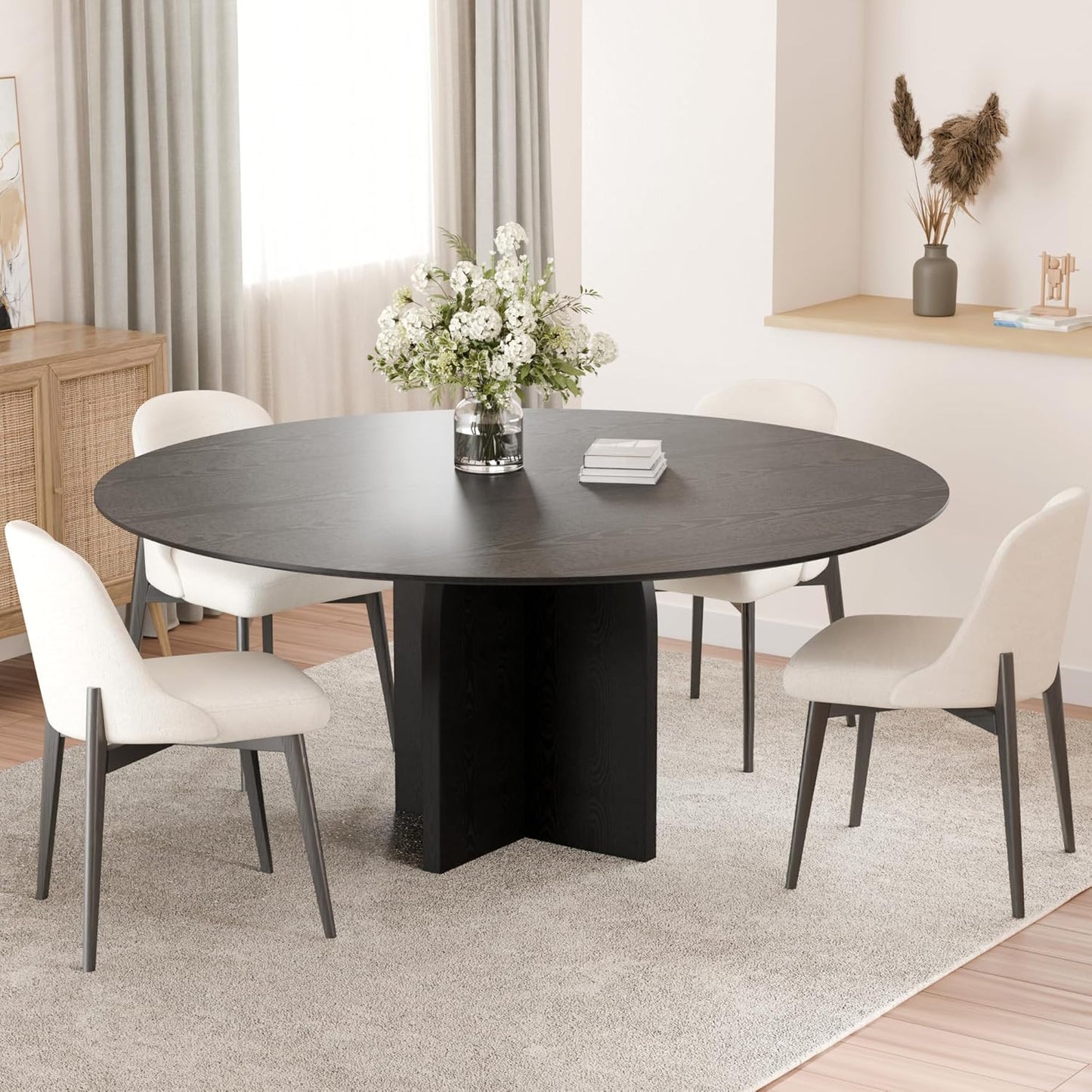 Casaphoria Kitchen Table Set with 4 Chairs, 59" Round Dining Kitchen Table & Chairs Set for 4-6, Wood Modern Dining Table for Living Room, Easy Assembly, Black