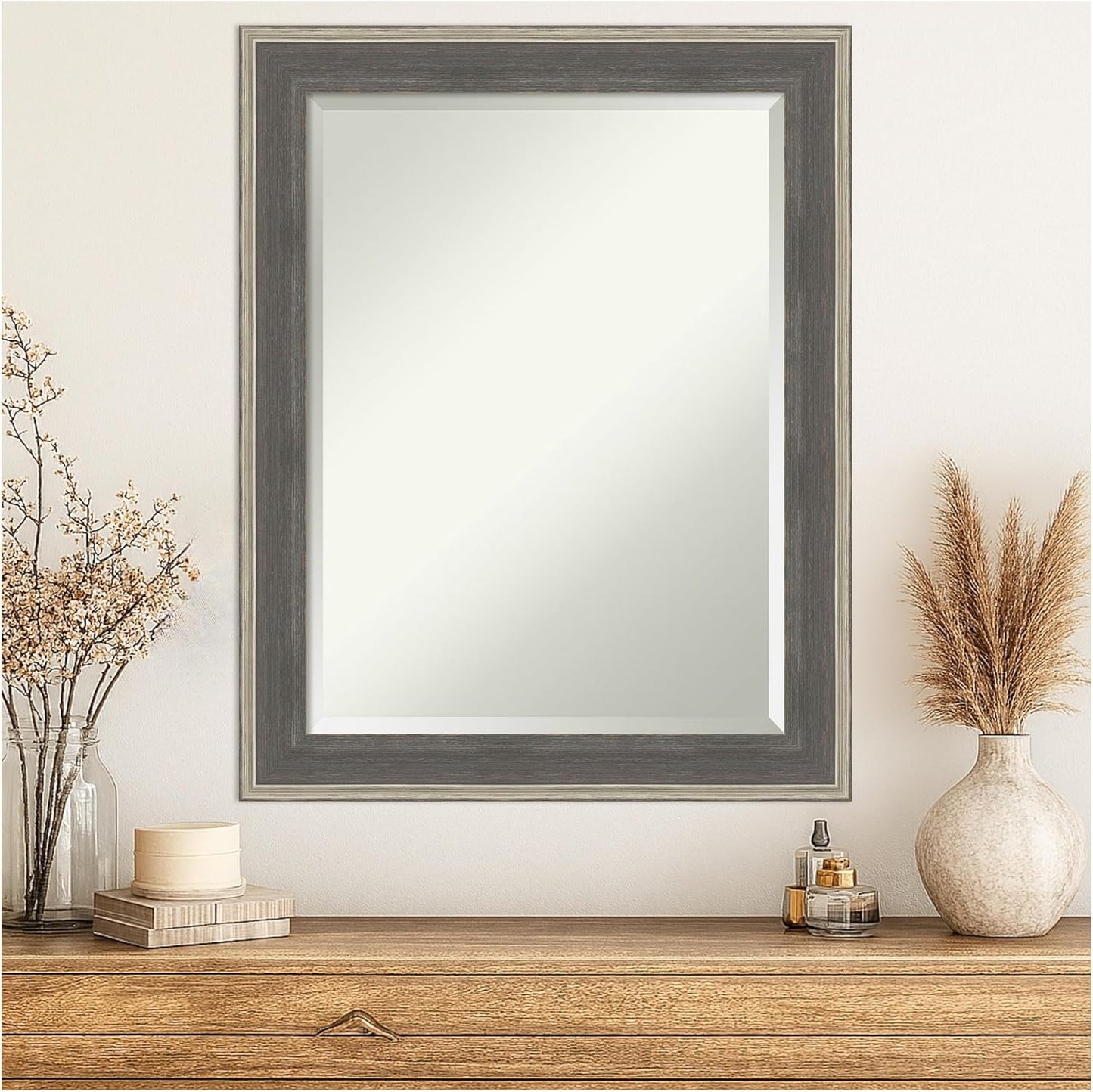Amanti Art Grey Wall Mirror 29x23 Cottage Grey Silver Rectangle Bathroom Mirror for Wall Decor Living Room, Medium Casual Wood Frame, Hangs Horizonally and Vertically, Bathroom Decor, Beveled Edge