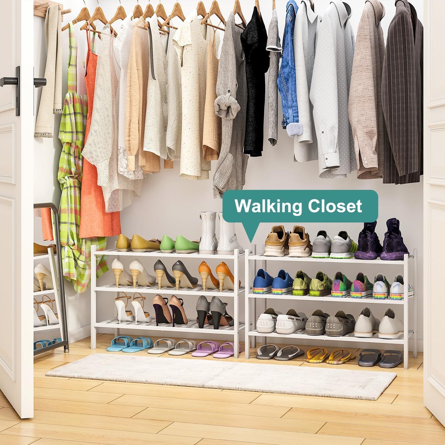 White Shoe Rack, 3-Tier Bamboo Wood Shoe Rack for Closet, Entryway & Hallway, and Stackable Shoe Shelf Storage Organizer for Indoor and Outdoor