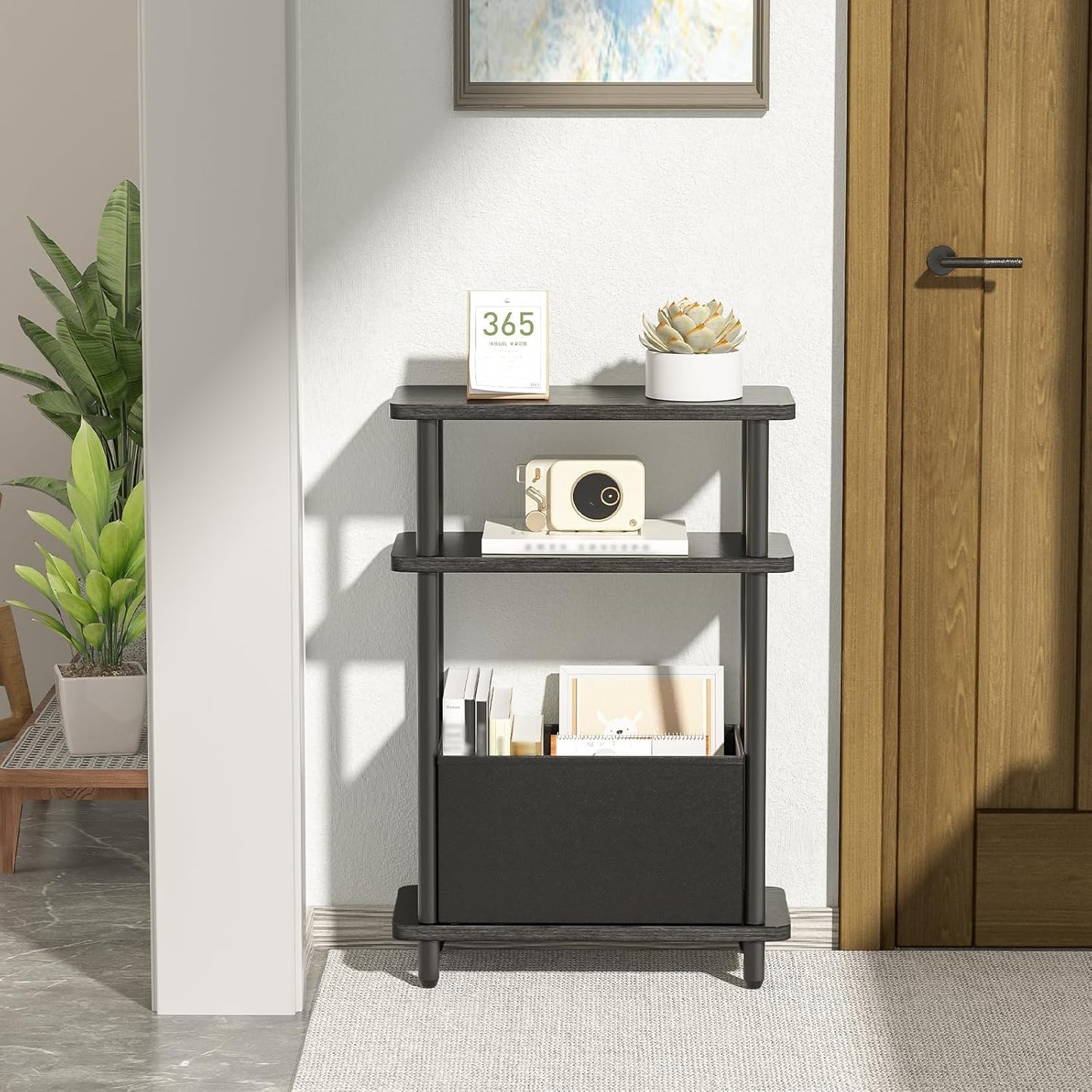 Narrow Side Table with Fabric Basket, 7" Wide, 3 Tier Skinny End Table with Wood Legs, Slim Nightstand/Bedside Table for Small Spaces, with Adjustable Feet, 15.7" L x 23" H