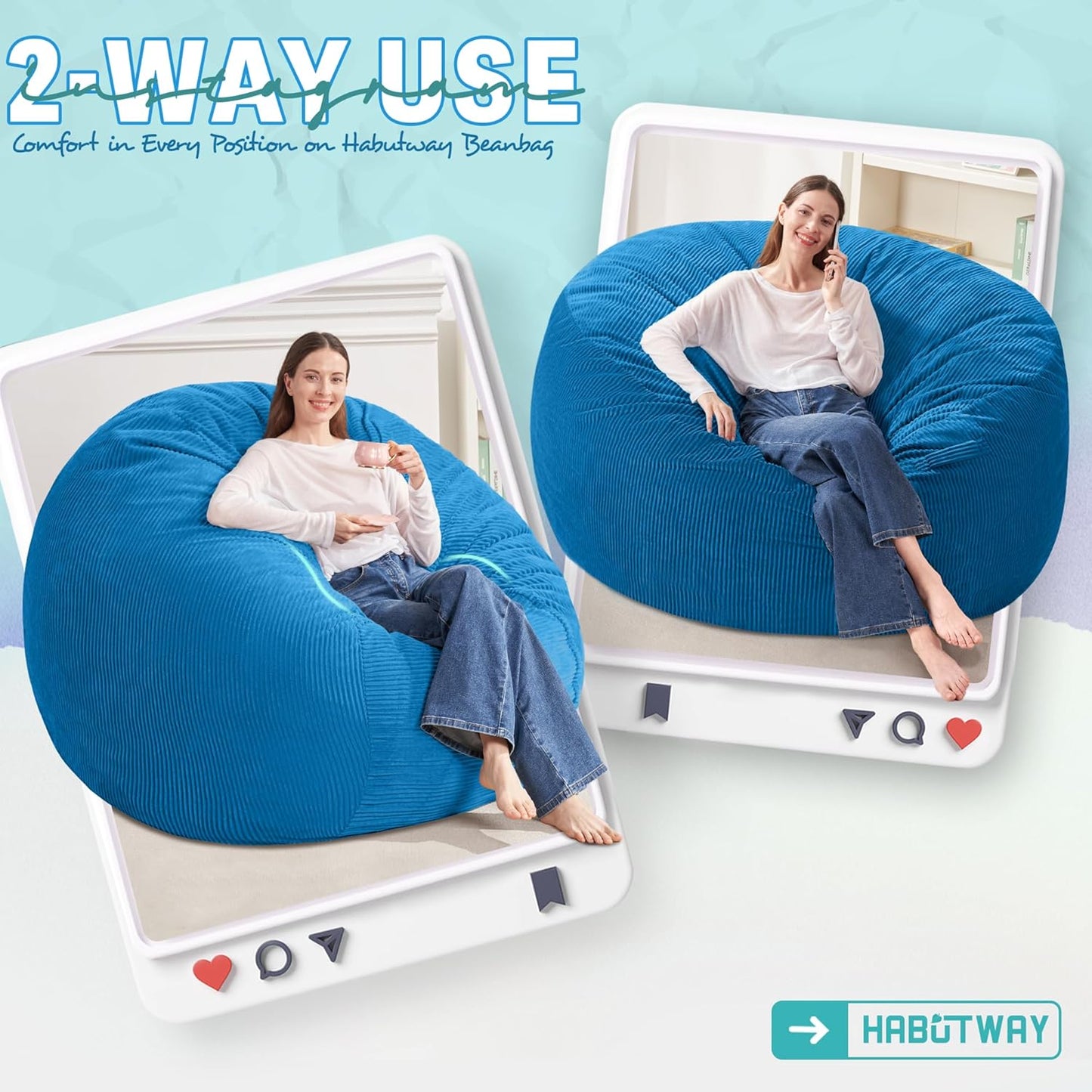 HABUTWAY 5FT Bean Bag Chair,Giant Bean Bag Chairs for Adults,Big Bean Bags with Memory Foam Filled, Large Beanbag Chairs with Soft Corduroy Cover-Blue