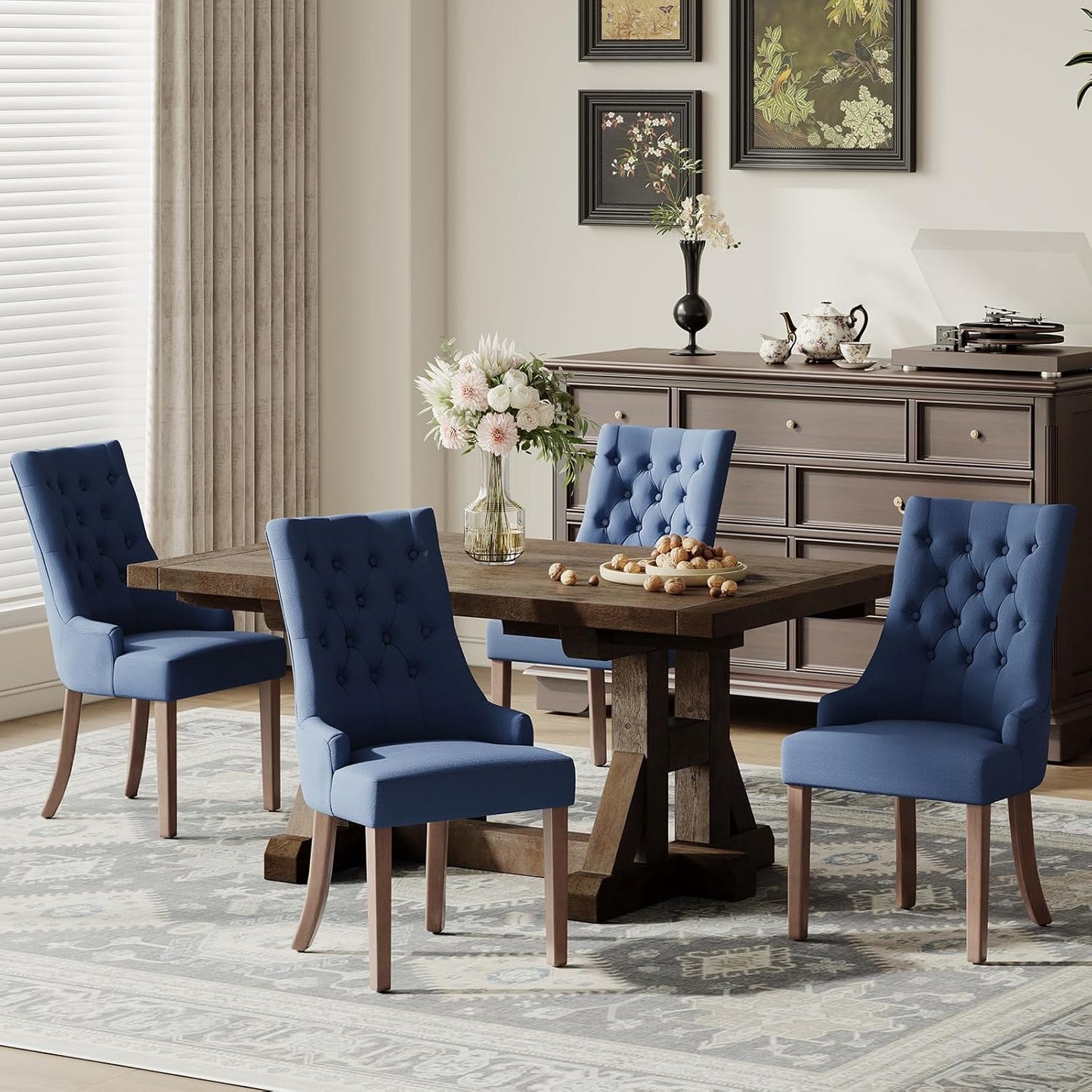 COLAMY Wingback Upholstered Side Dining Room Chairs Set of 4, Fabric Dining Chairs with Tufted Button, Living Room Chairs for Home Kitchen, Blue