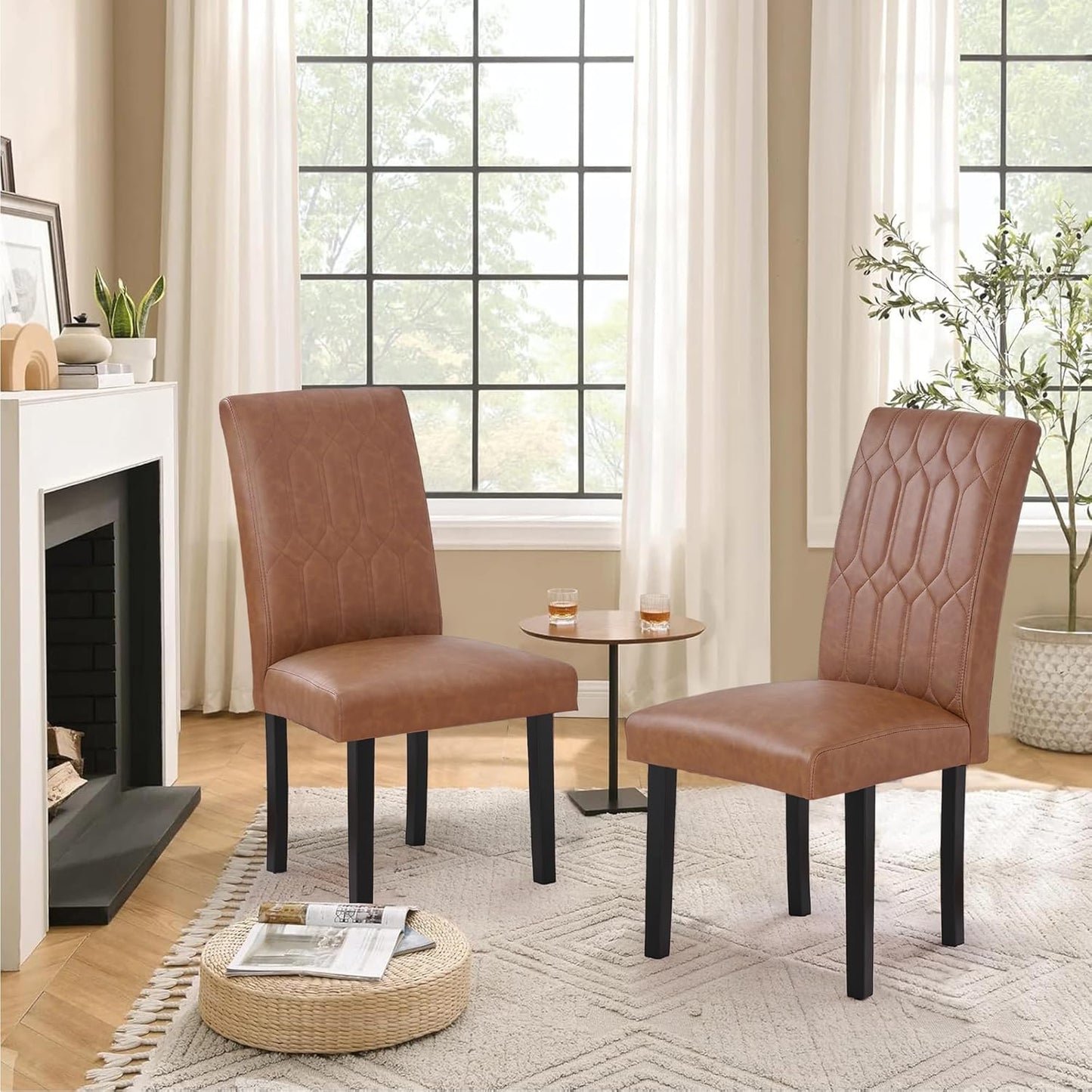 VECELO Upholstered Dining Chairs Set of 2, Modern PU Leather Accent Parsons, Solid Wood Legs w/Rubber Footpads, for Living Room Kitchen, Brown