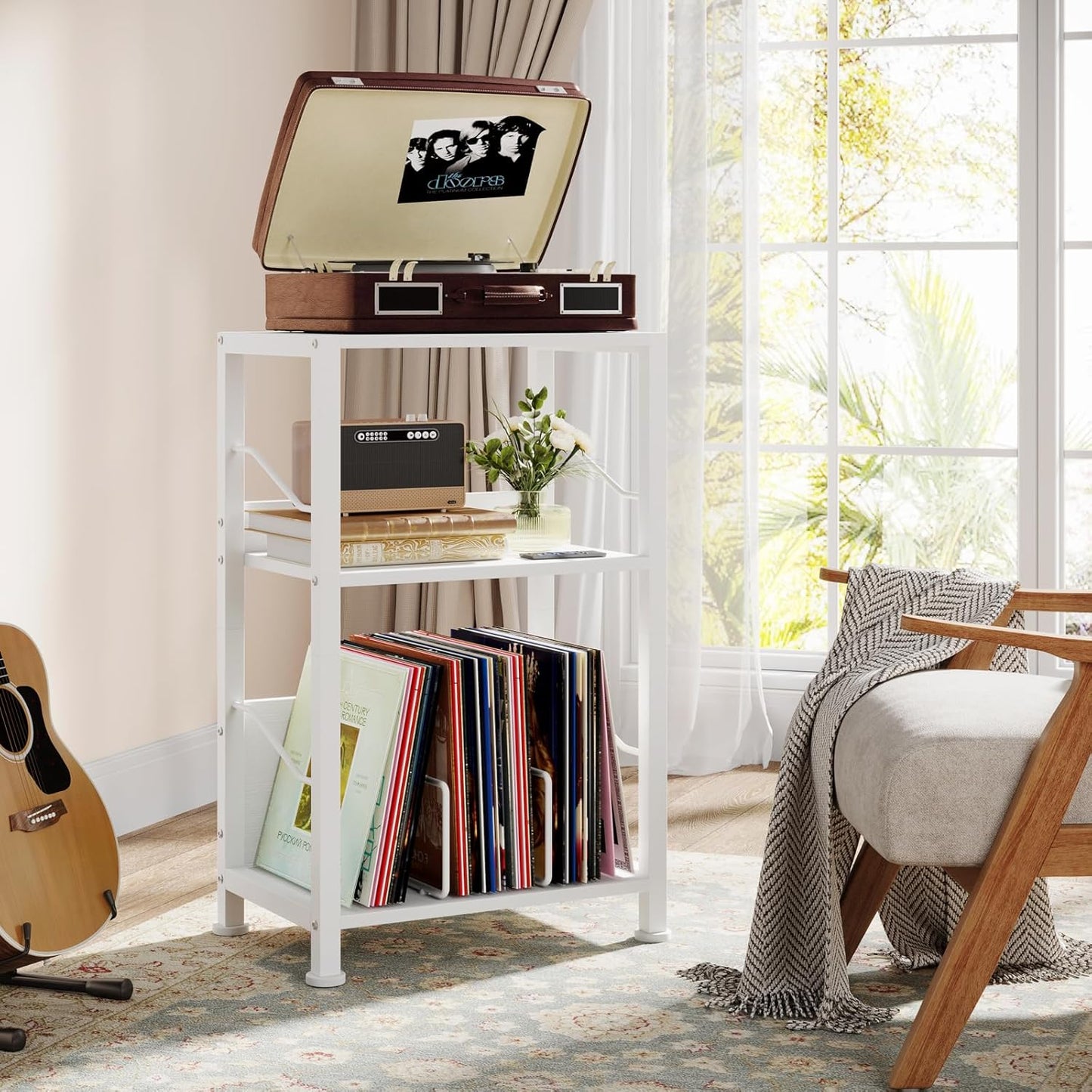 Hosfais 3 Tier Record Player Stand, Retro Vinyl Record Storage End Table Records Shelf for Living Room Bedroom (White)