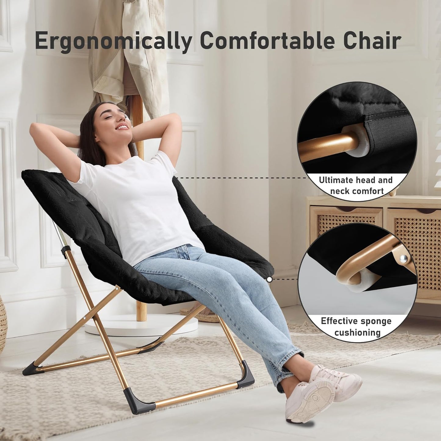 Comfy Oversized Saucer Chair, Soft Faux Fur Reading Lounge Chair for Adults, Stable X-Large Metal Frame and Non-Slip Pad, Foldable Cozy Chairs for Bedroom, Living Room, Dorm, Office, Black