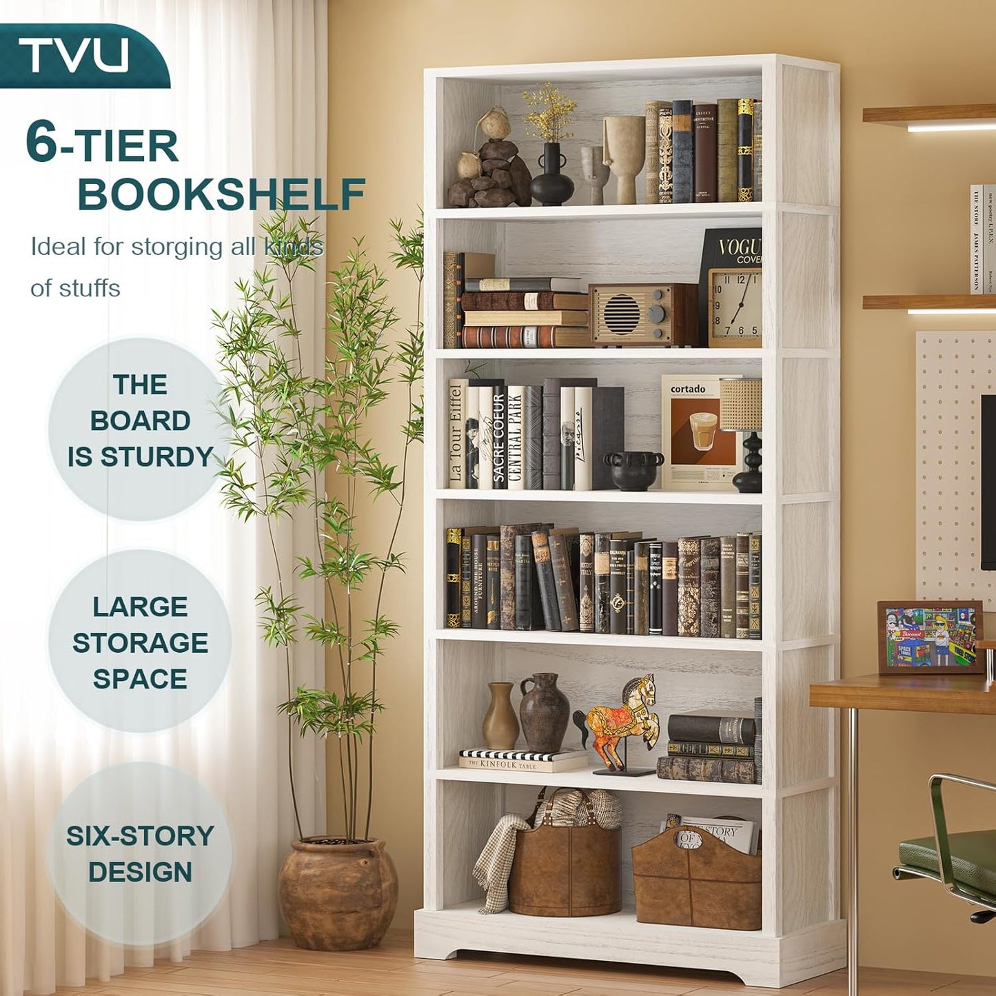 TVU 6 Shelf Bookcase, Freestanding Open Bookshelf, Tall Book Shelf, 11.8" D x 31.5" W x 77.2" H, for Living Room, Dining Room, Study, Office, Antique White