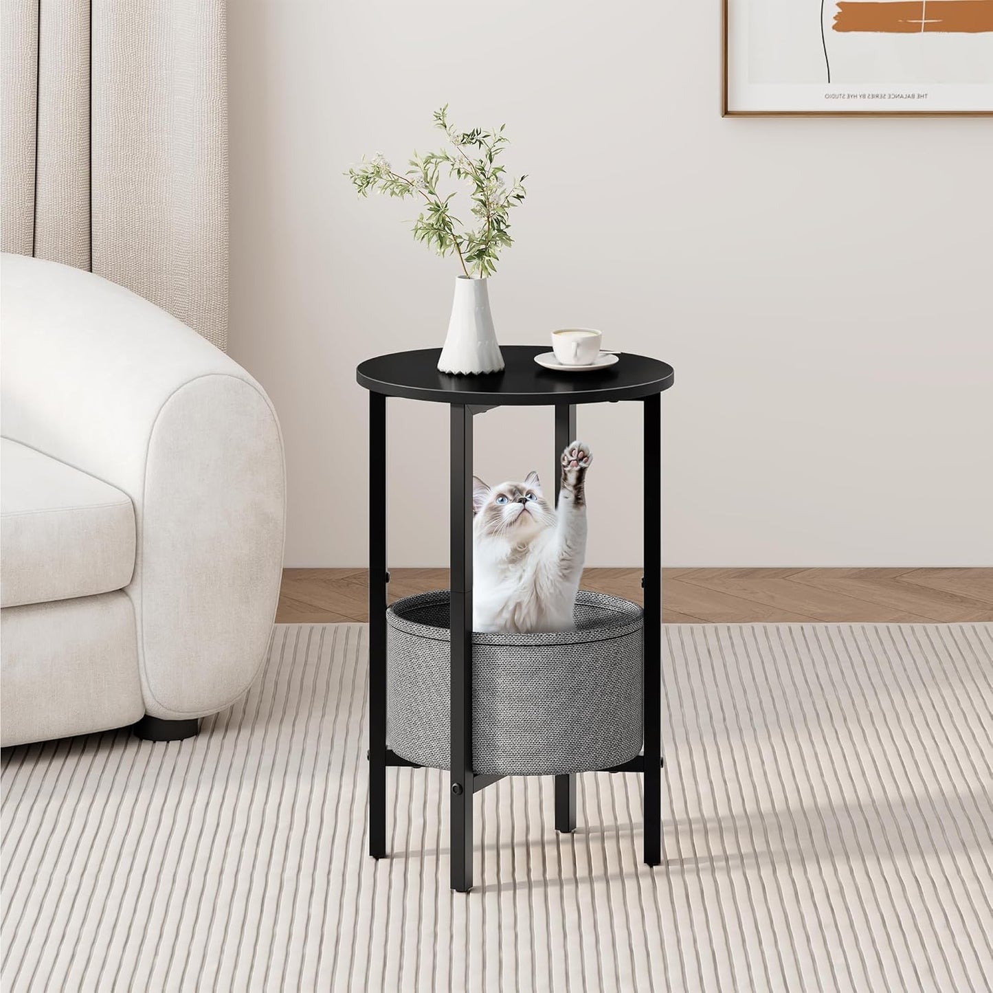 Vagusicc Round Side Table End Table with Storage Basket, Small Side Table Round Nightstand for Small Spaces, Tall Oval End Table with Steel Frame, Coffee Bedside Table for Living Room Bedroom, Black