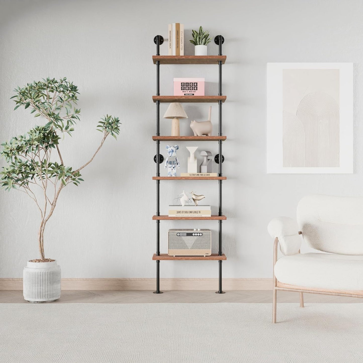 Industrial Ladder Pipe Shelves, Wall Mounted Rustic Bookshelf, Retro Metal Wood Bookcases (Weathered Brown, 6 Tier - 10" D x 24" W x 82.5" H)