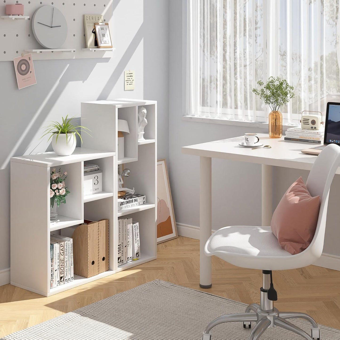 VECELO Small White Bookshelf, 4 Cube Slim Bookcase, Fits Tallest Hardcovers, Horizontal Available, Modern Floor Standing Unit, Each Shelf Hold Up to 66 LBS, Pearl White