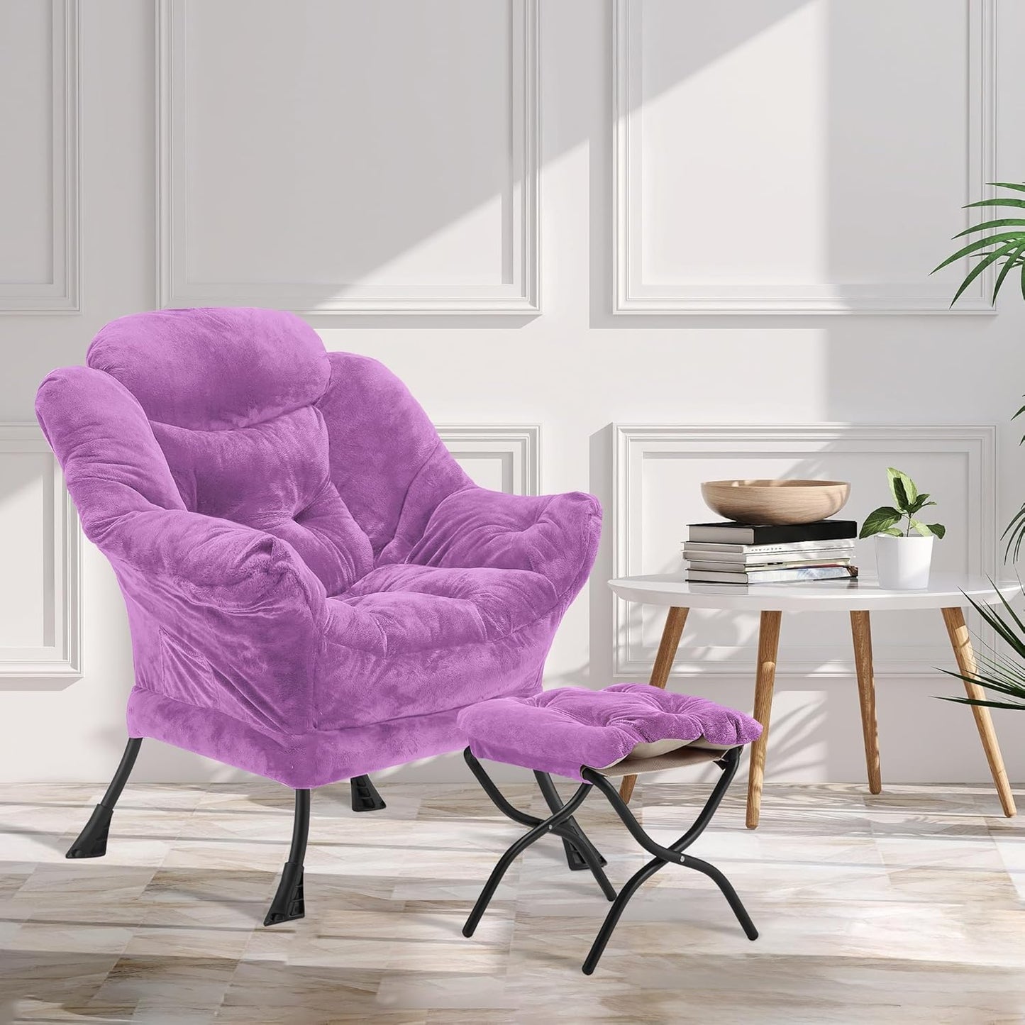Fabric Lazy Chair with Ottoman, Oversized Upholstered Sofa Chair for Adults, Plush Comfy Lounge Chair with Large Side Storage Pocket, Reading Chair for Living Room, Bedroom, Office, Purple
