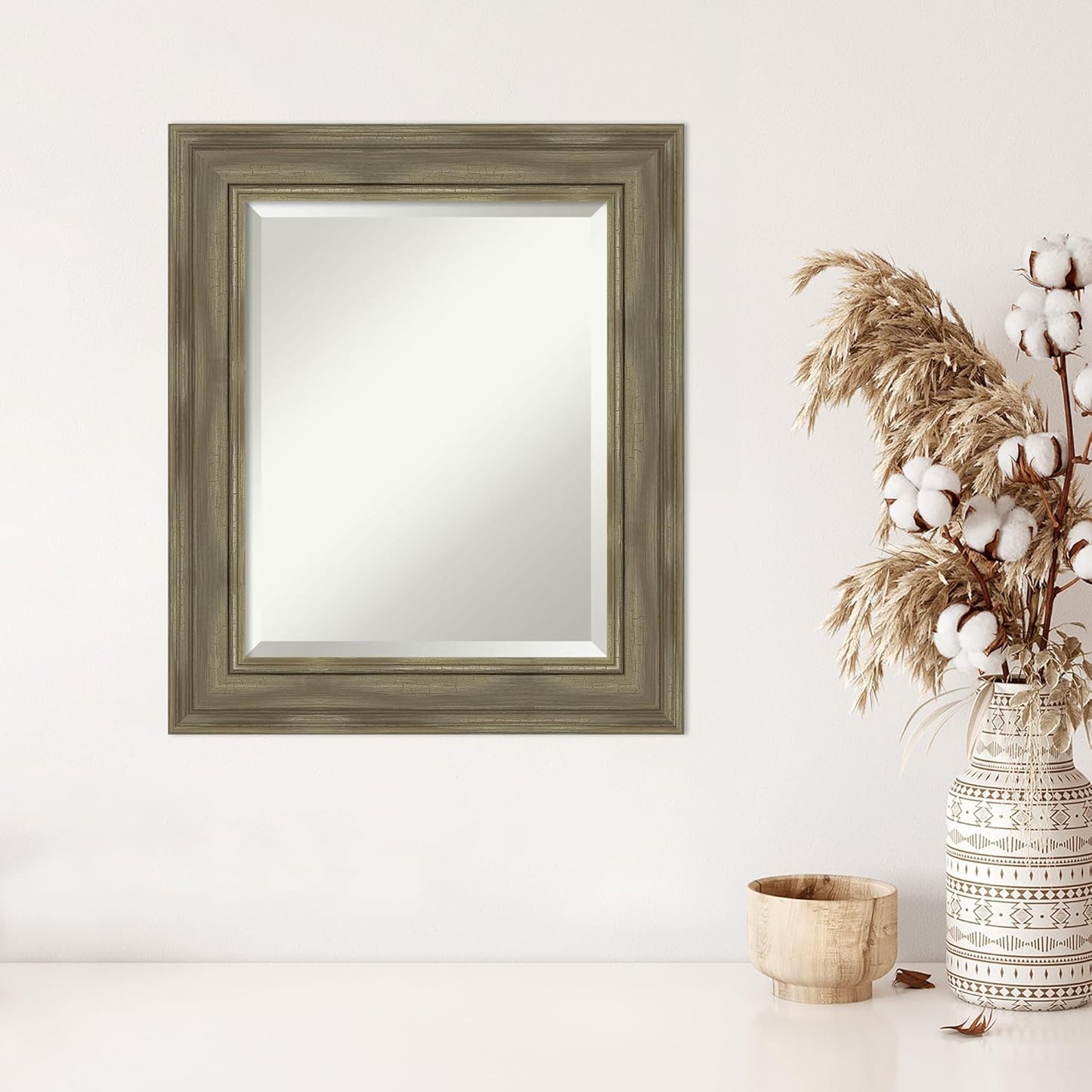Amanti Art Grey Wall Mirror 26x22 Alexandria Greywash Rectangle Bathroom Mirror for Wall Decor Living Room, Small Country Rustic Wood Frame, Hangs Horizonally and Vertically, Bathroom Decor, Beveled