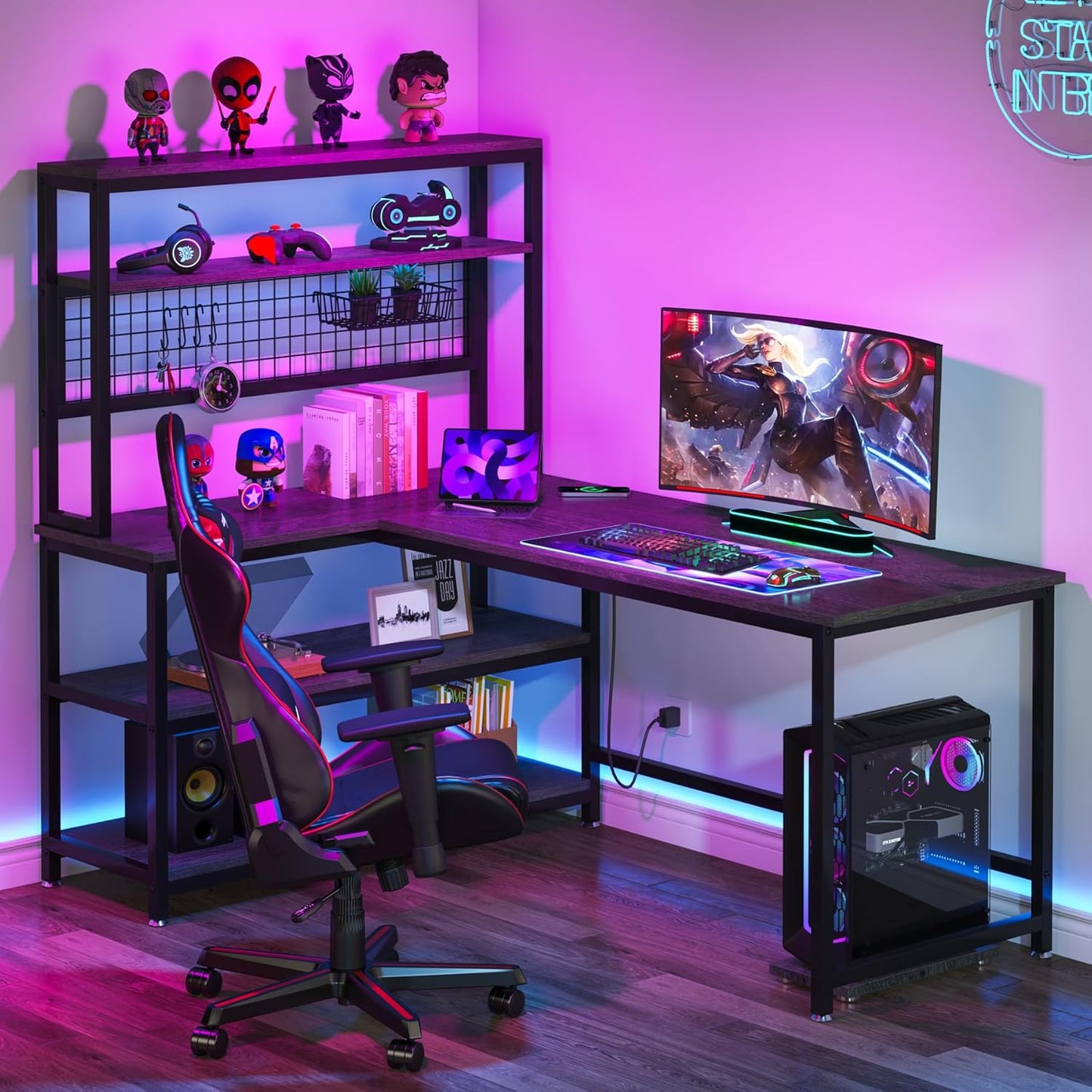 Tribesigns 55" Large Computer Desk with Wireless Charging 5 Storage Shelves, Office Desk Study Table Writing Desk Workstation with Hutch Bookshelf for Home Office(Gray)