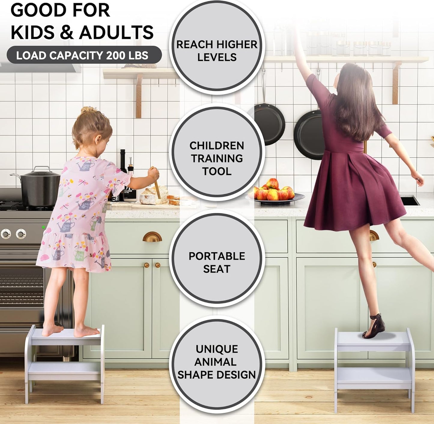 Wood Step Stools for Kids, Child Two Step Stool of Elephant Shape, Toddler Step Stools Potty Training Stool, Easy to Move Safety for Kitchen, Bathroom, Bedroom, Toilet