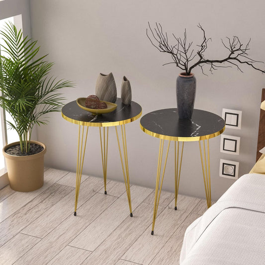 PAK HOME Set of 2 End Tables Round Wood Sofa Side Coffee Tables for Small Spaces, Nightstand Bedside Table with Metal Legs for Bedroom, Living Room, Office (Black Marble High Gloss/Gold Legs)