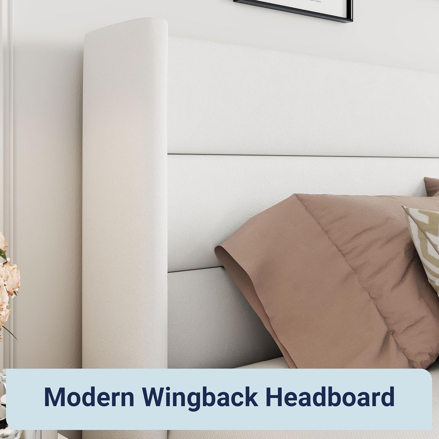 Allewie Queen Size Velvet Lift Up Storage Bed, Modern Wingback Headboard, Hydraulic Support, No Box Spring Needed, White