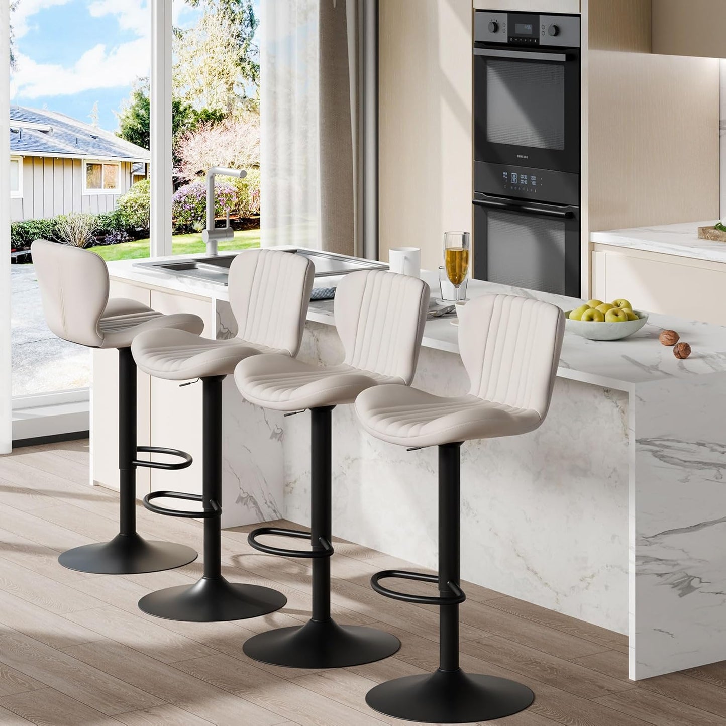 Shintenchi Bar Stools Set of 4 Modern Swivel Bar Chairs, Counter Height Faux Leather Metal Barstools, Upholstered Island Chairs with Back and Footrest, Beige
