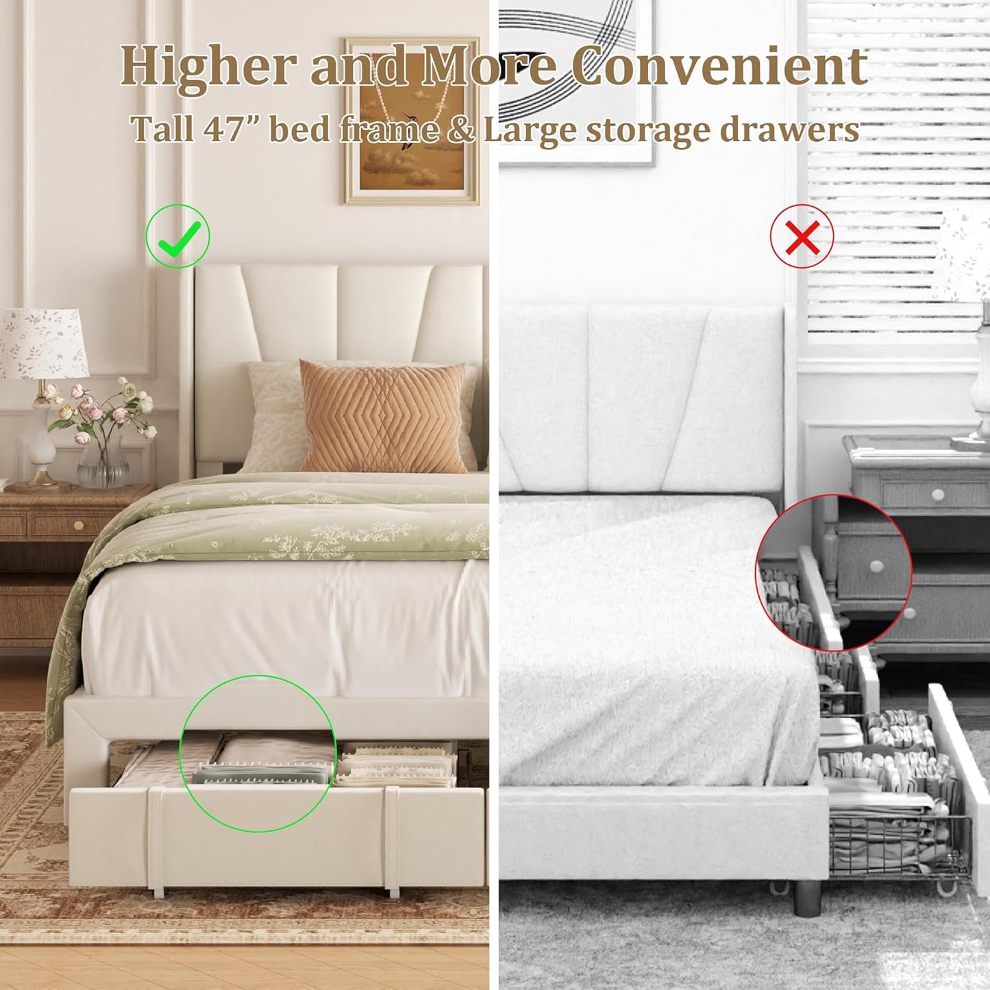 King Bed Frame with Storage Drawers, Upholstered Platform Bed with Headboard and Wingboard, No Box Spring Needed, NO Noise, Easy Assembly, Wooden Support Slats, Beige