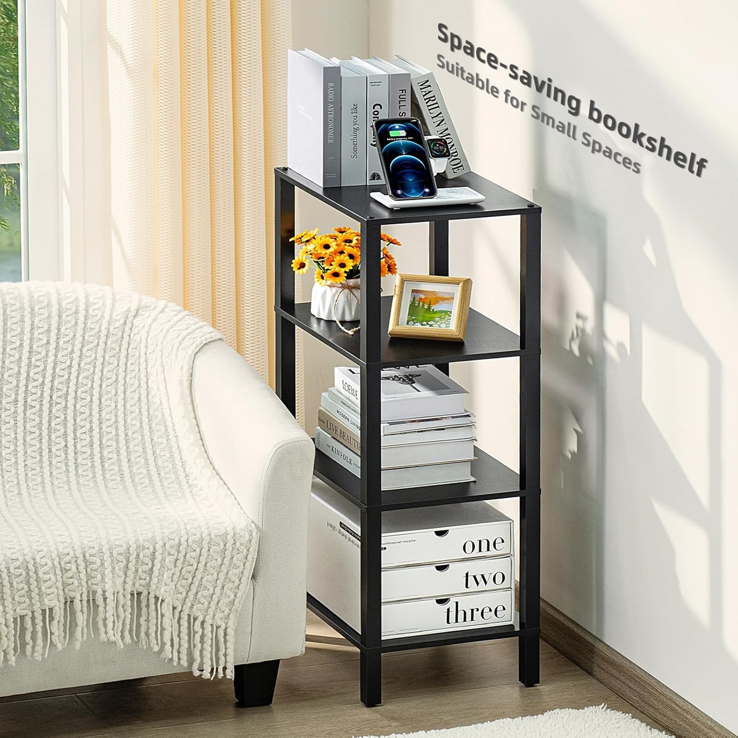 4 Tier Tall Wooden Bookshelf with Storage - Small Bookcase for Small Spaces, Shelf for Living Room, Office, Bedroom, Kitchen - Industrial Modern Black Book Shelf