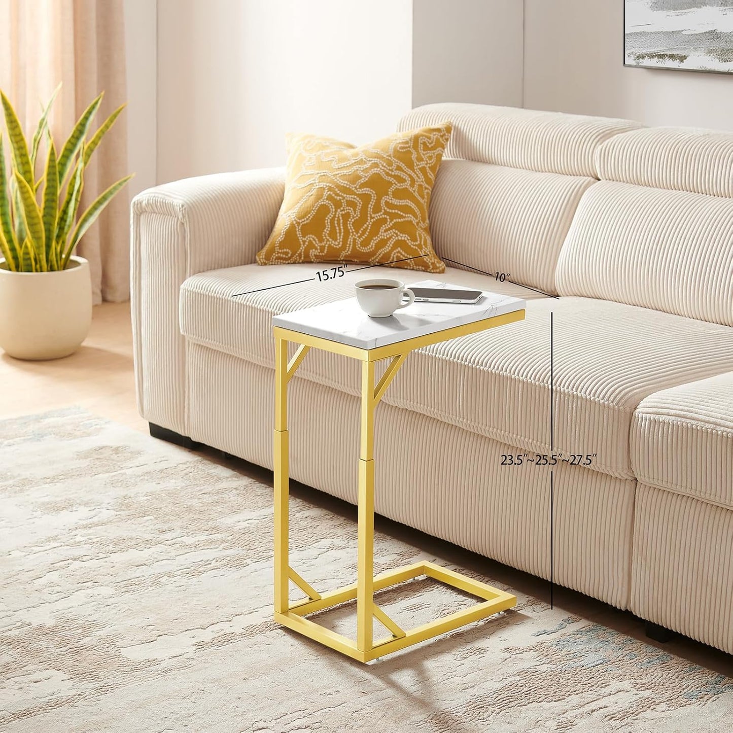 C-Shaped End Table, Small Sofa Table with Metal Frame, Adjustable Height Side Table for Couch, Living Room, Bedroom, Bedside (Gold, Small)