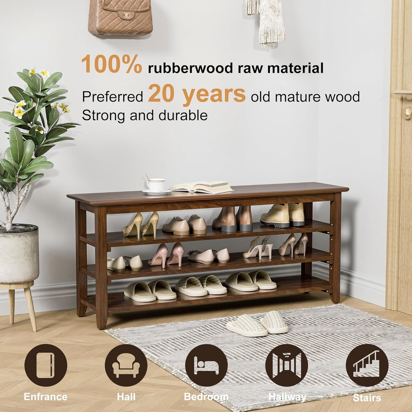 Wooden Storage Shoe Bench, Entryway Bench with 3-Tiers Height Adjustable, Shoe Rack Front Doors Entrances for Hallway Living Room,Mudrooms (Brown,47.2")