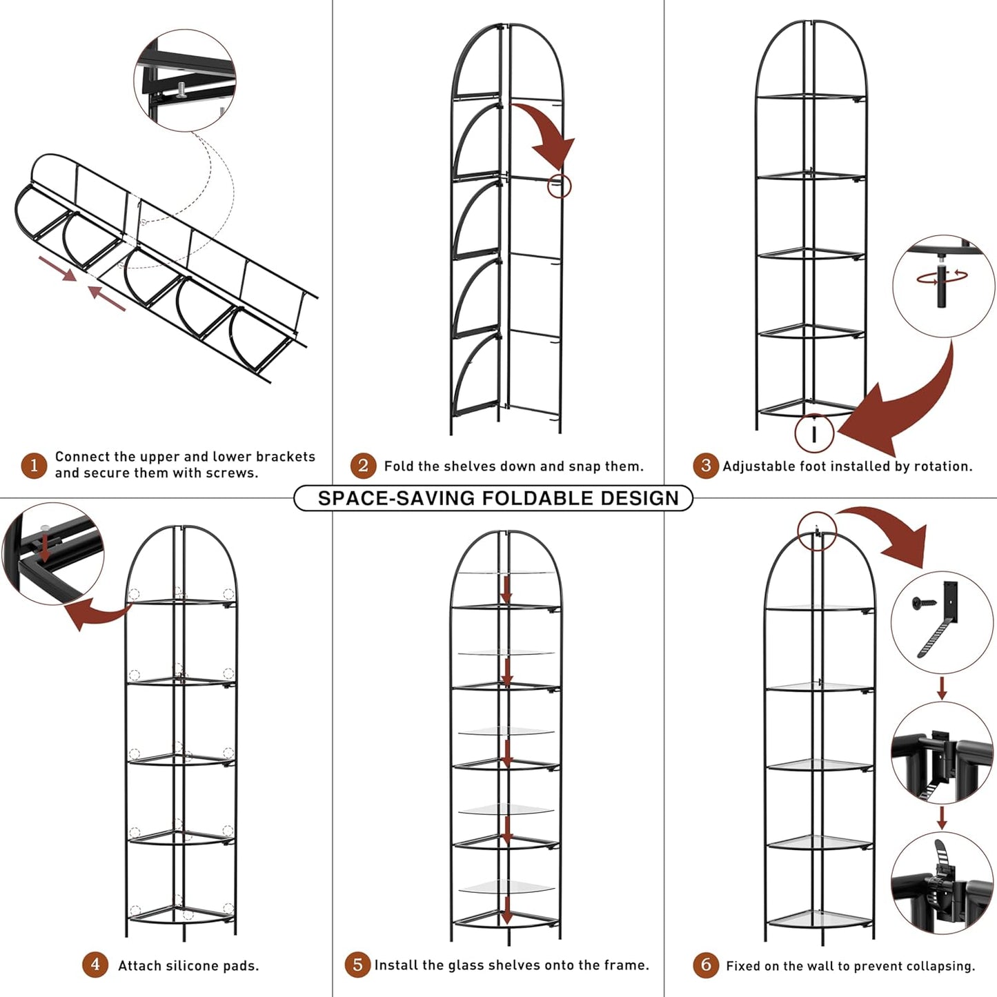 Crofy Foldable 5 Tier Corner Shelf, Metal Corner Plant Stand with Black Frame and Transparent Shelves, Corner Display Rack Multipurpose Shelving Unit for Living Room, Bedroom, Bathroom