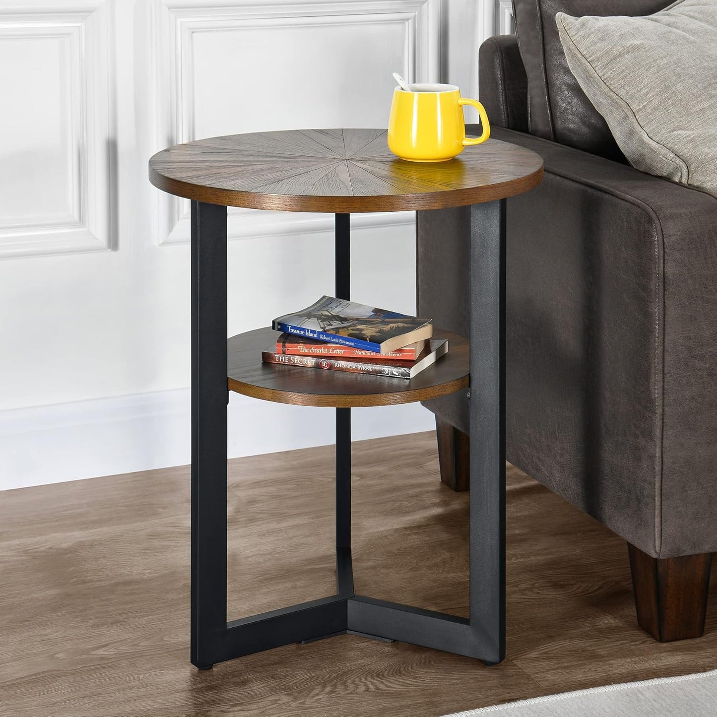 MODERION Small Round End Table with Storage Shelf, Circular Solid Wood Sofa Side Metal Leg, 2-Tier Telephone Table, Nightstand, 24''H x 19.3''D for Living Room Bedroom Entryway Rustic Brown BZ1338NC