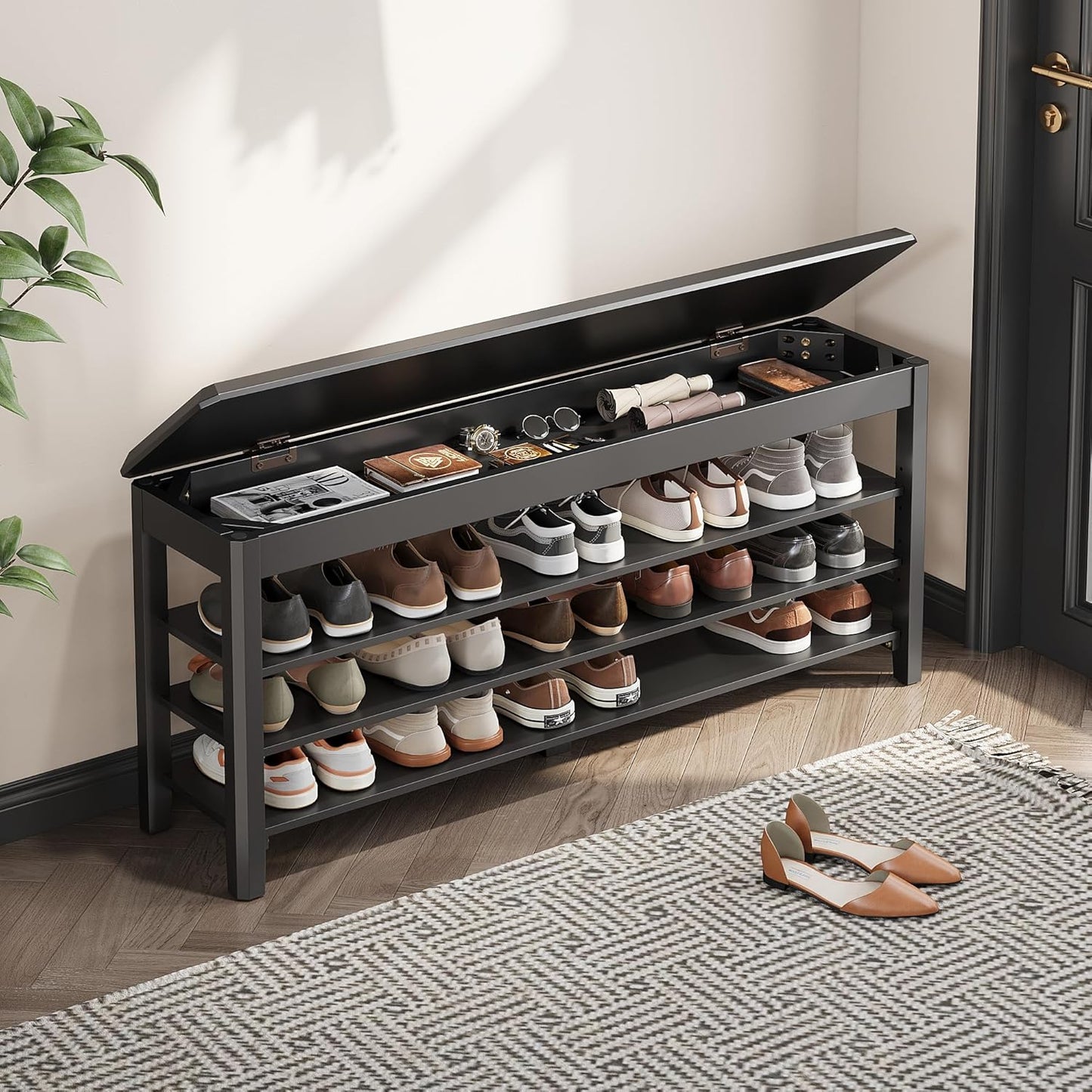 Shoe Rack Bench Seat Rubberwood 3-Tier Wooden Storage Bench 550lbs Compact Mid-Century Modern Design for Entryway, Hallway, Closet, Front Door Entrance, Foyer